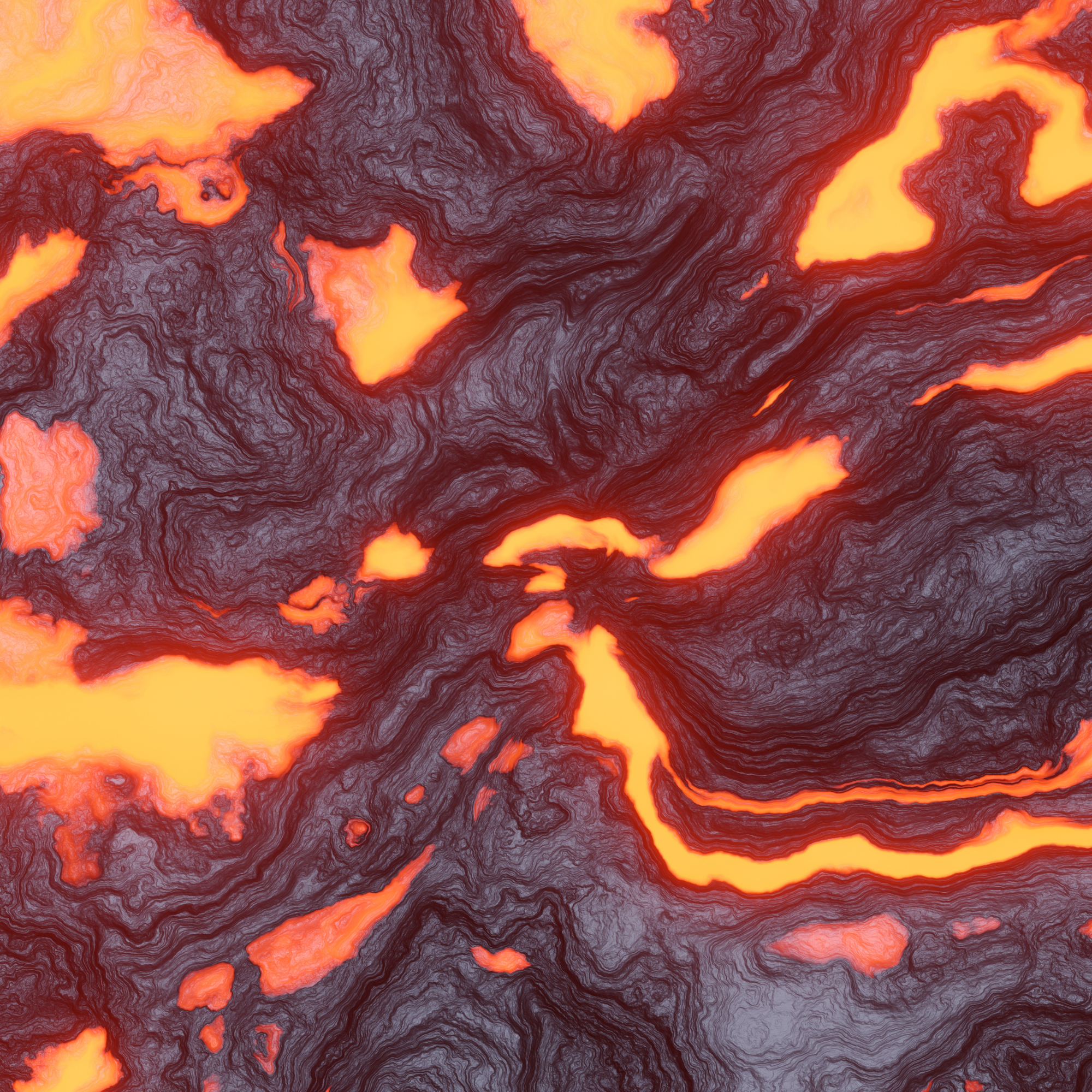 Aerial pahoehoe lava, Hawaiian volcanic field — dark swirling basalt lit from within by channels of molten ochre and gold