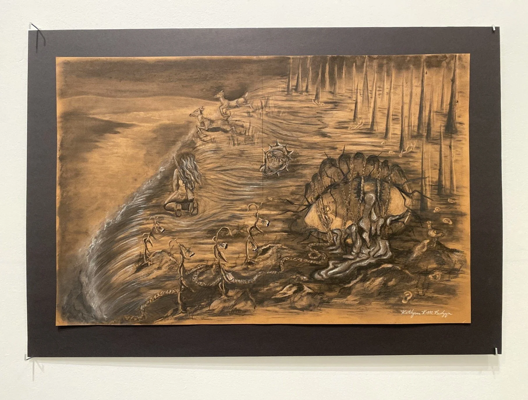 Katelynn K. M. Budzyn, Waterfall, 2025, charcoal, conté on Fabriano paper, 25 ½” x 39 ½”.