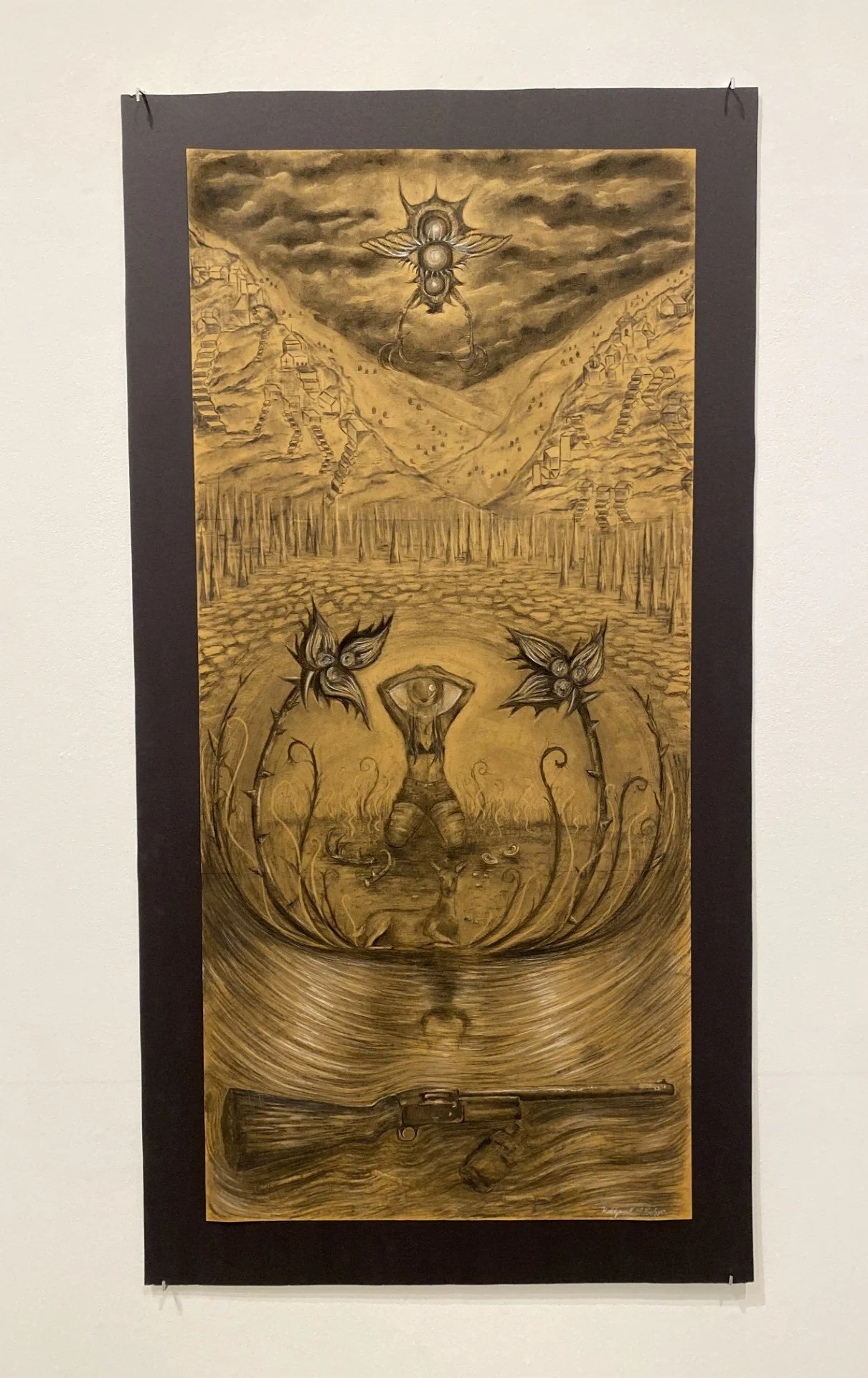 Katelynn K. M. Budzyn, Citadel (Solitary Road), 2025, charcoal, conté on Fabriano paper, 59 ¼” x 27 ½”.