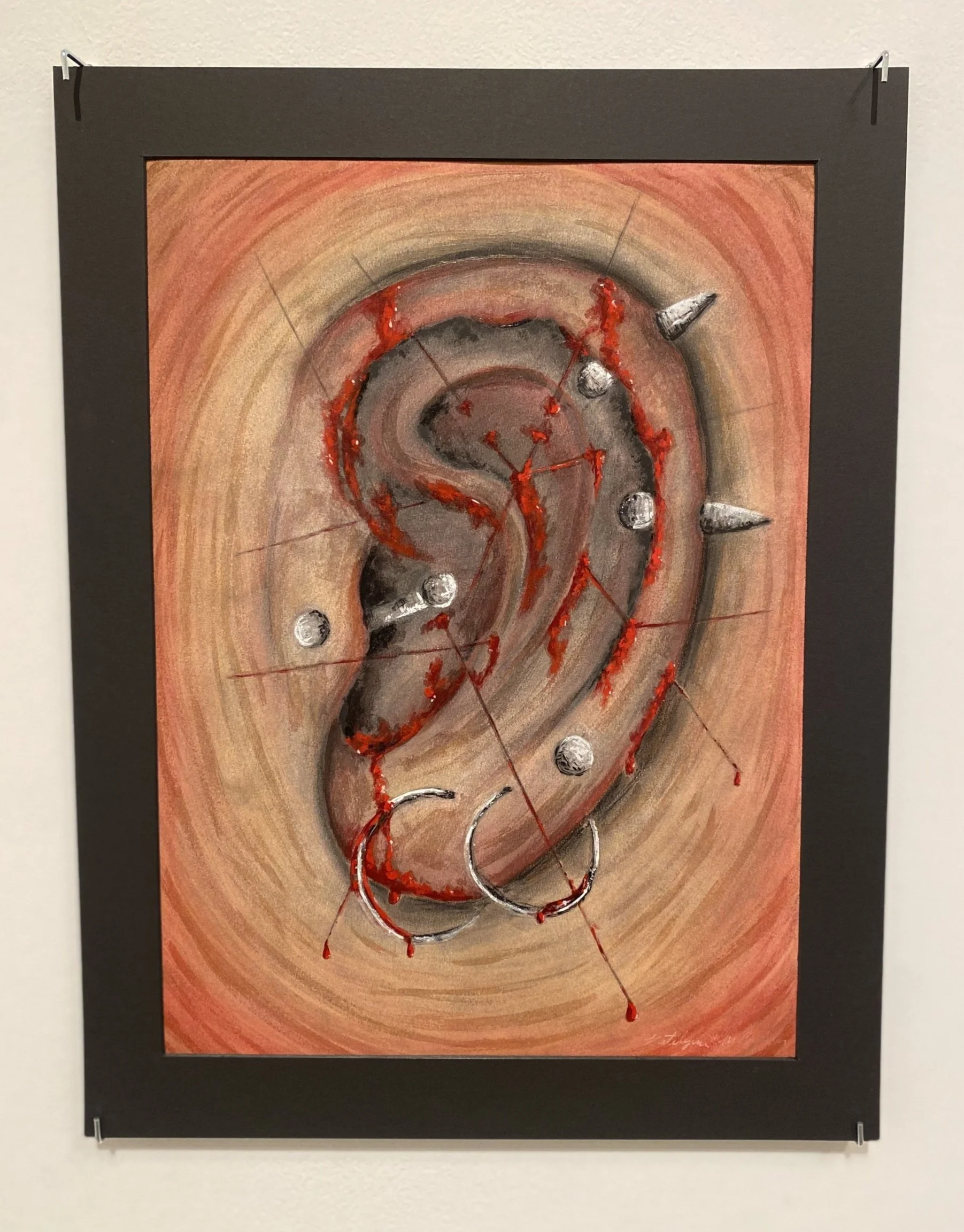 Katelynn K. M. Budzyn, Sliced Ear (Memory), 2025, charcoal, conté, chalk pastel, pencil, watercolor, glitter, gloss medium, 23 ⅞” x 17 ⅞”.