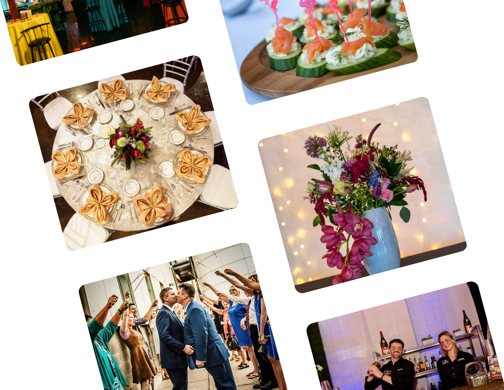A collage of images from a celebration or wedding event, including a decorated round table with gold napkins and a floral centerpiece, a plate of cucumber canapés with salmon and cream cheese, a vibrant floral arrangement with lilies and other flowers, a scene of a wedding reception with two men in suits about to kiss while guests cheer, and a bar area with bartenders smiling and holding bottles.