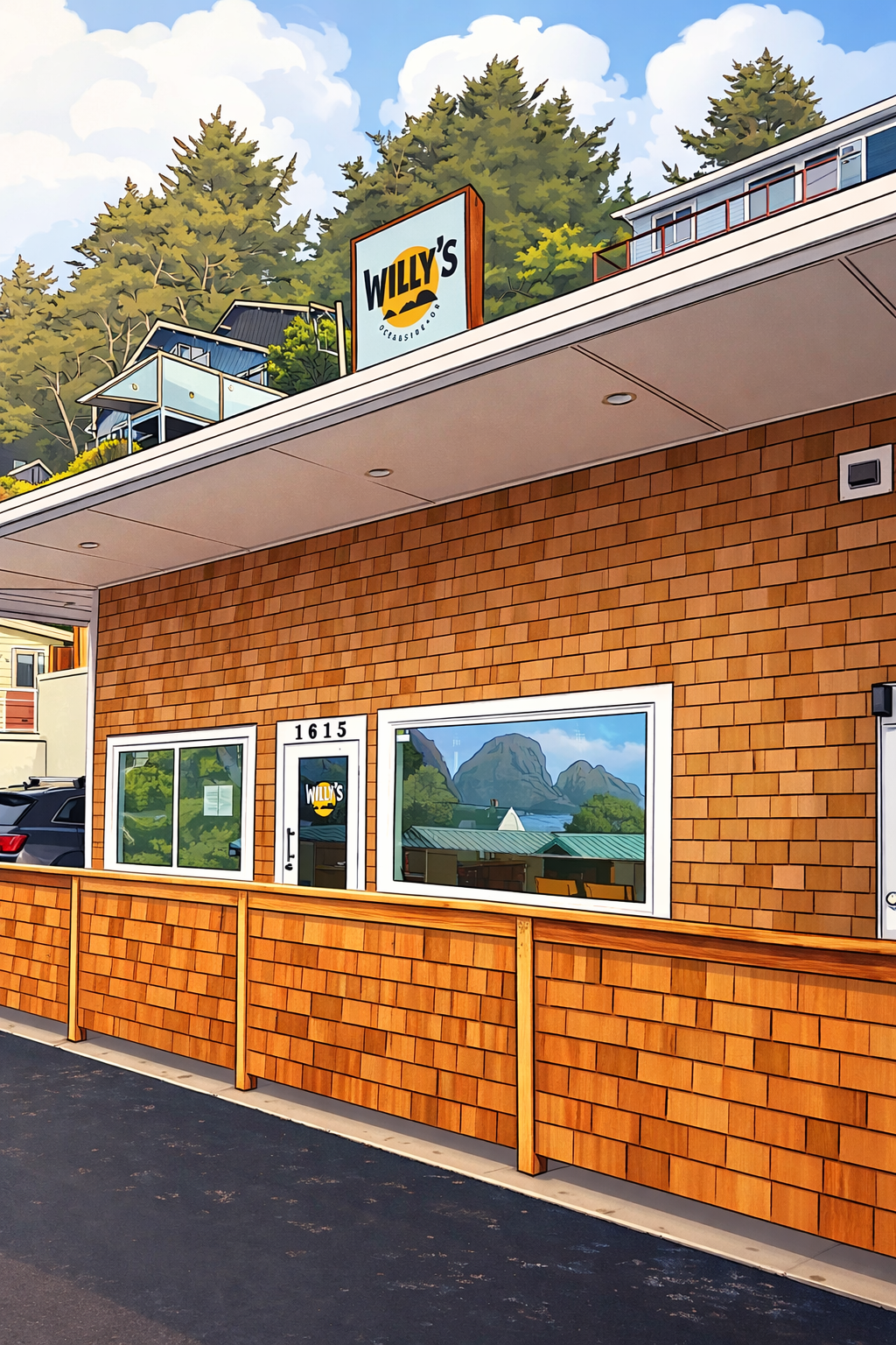 Exterior of Willy's restaurant with large windows reflecting mountains, brick walls, a wooden railing, and a sign on the roof.