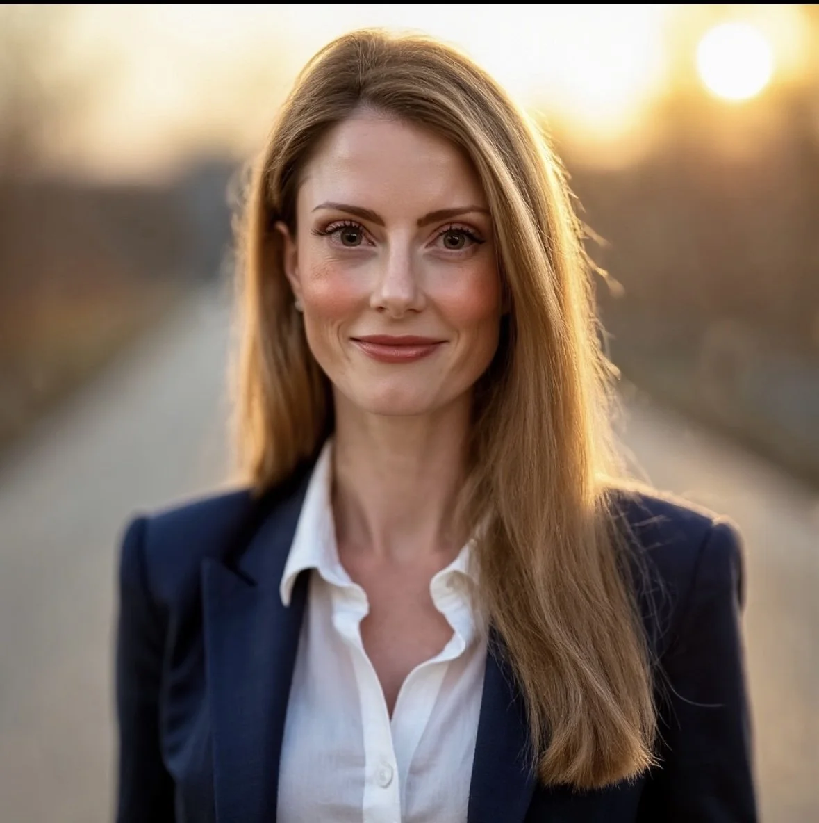 Portrait of a woman with long red hair, wearing a dark blazer and white shirt, standing outdoors at sunset with a blurred background.