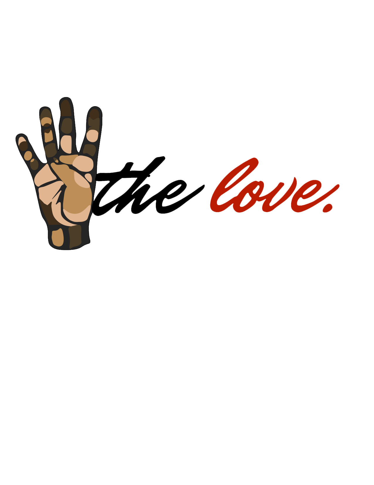 Illustration of a hand making a four sign next to the phrase 'the love' with 'the' in black and 'love' in red cursive font on a white background.