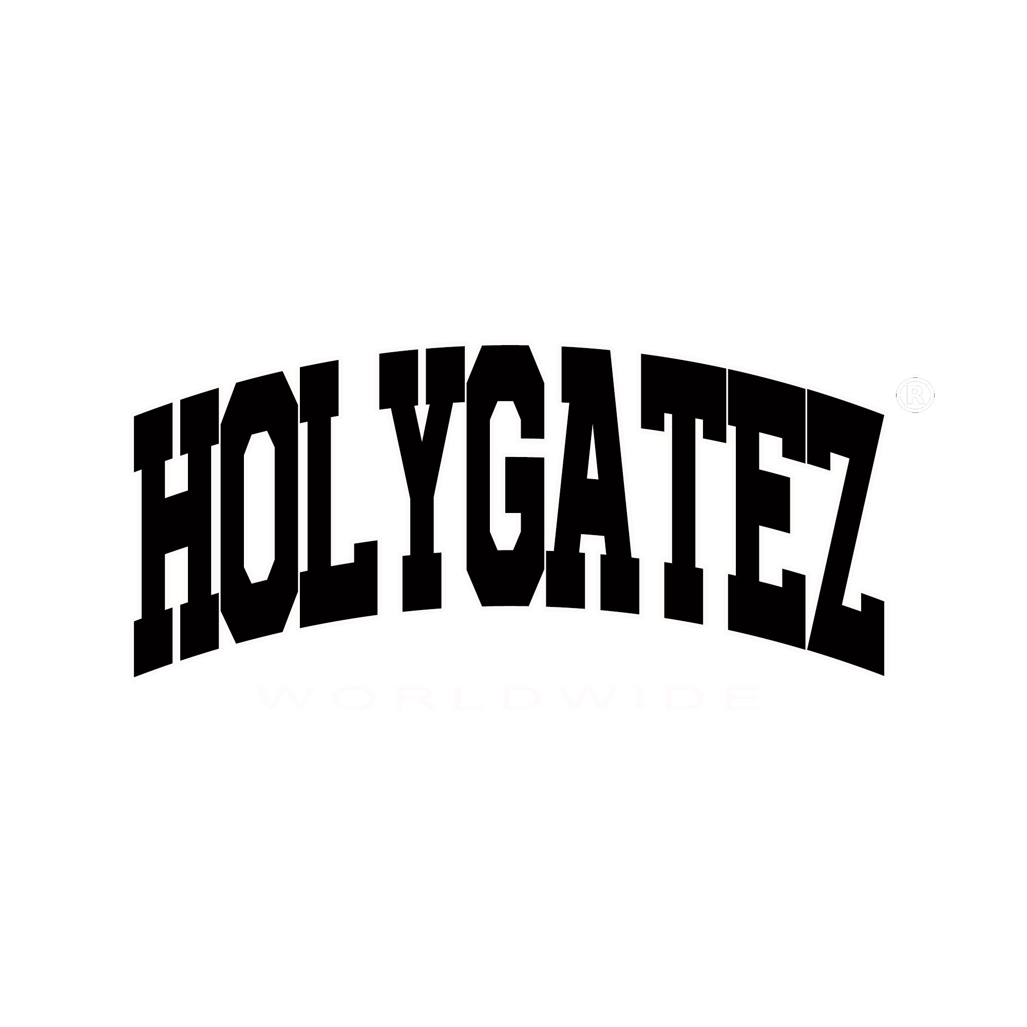 Holy Gatez logo with bold black letters outlined in white, arranged in a 3D style.
