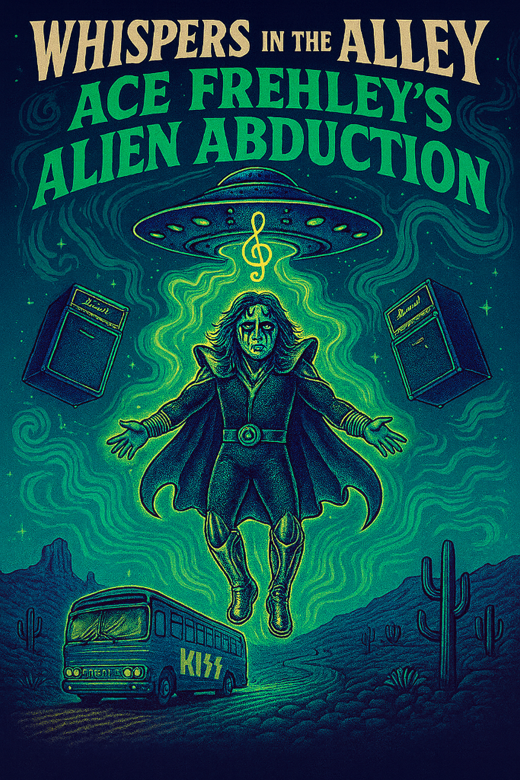 Whispers in the Alley poster — Ace Frehley levitating beneath a UFO beam, desert road, KISS bus, cosmic teal glow