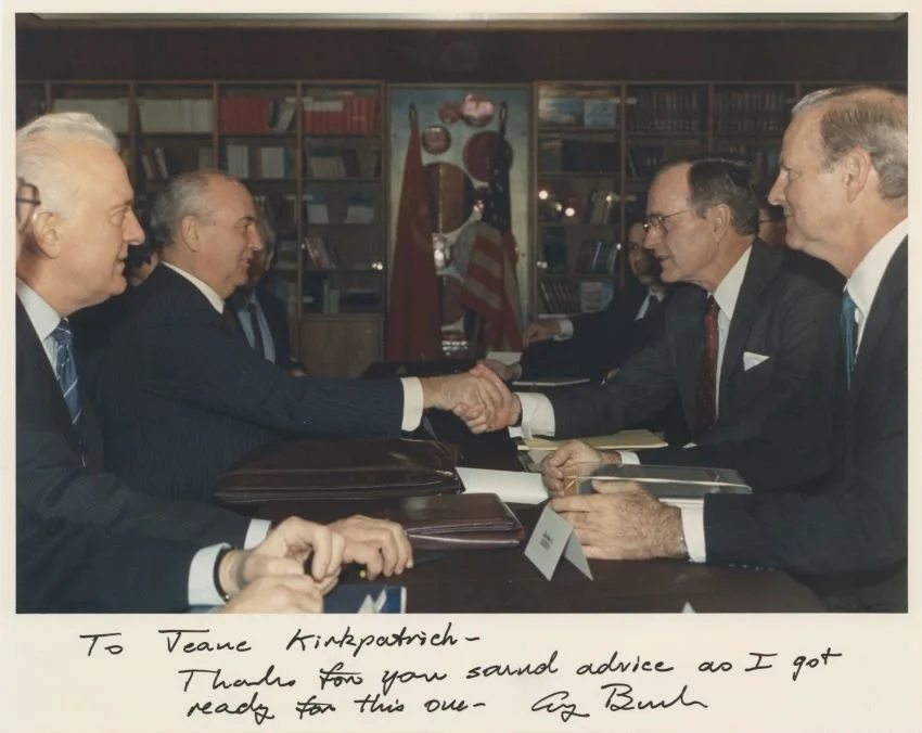 President George H. W. Bush shows appreciation to Jeane Kirkpatrick for her assistance in the preparations for the historic Malta Summit 