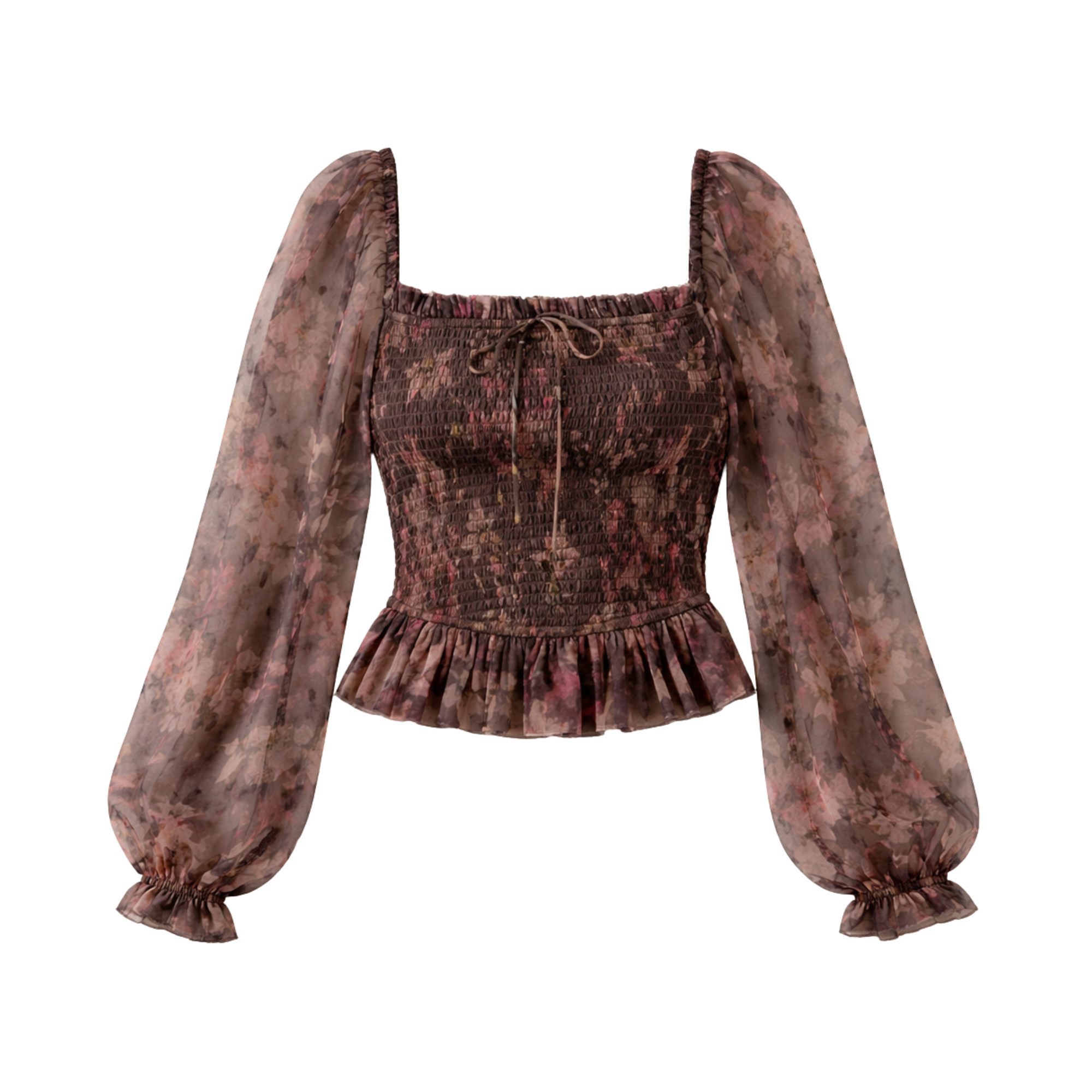 Layered Floral-Print Tulle Smocked Peasant Top