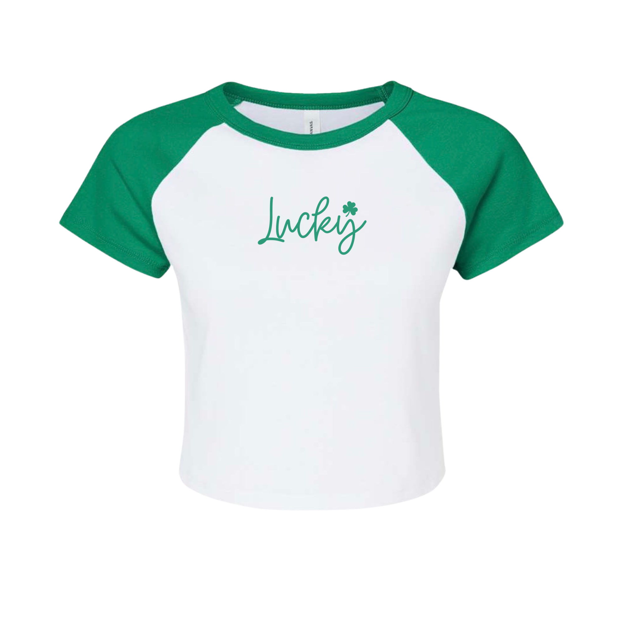 Lucky Script Baby Tee – Green & White Raglan Crop