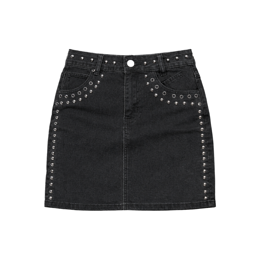 Black Studded Denim Mini Skirt
