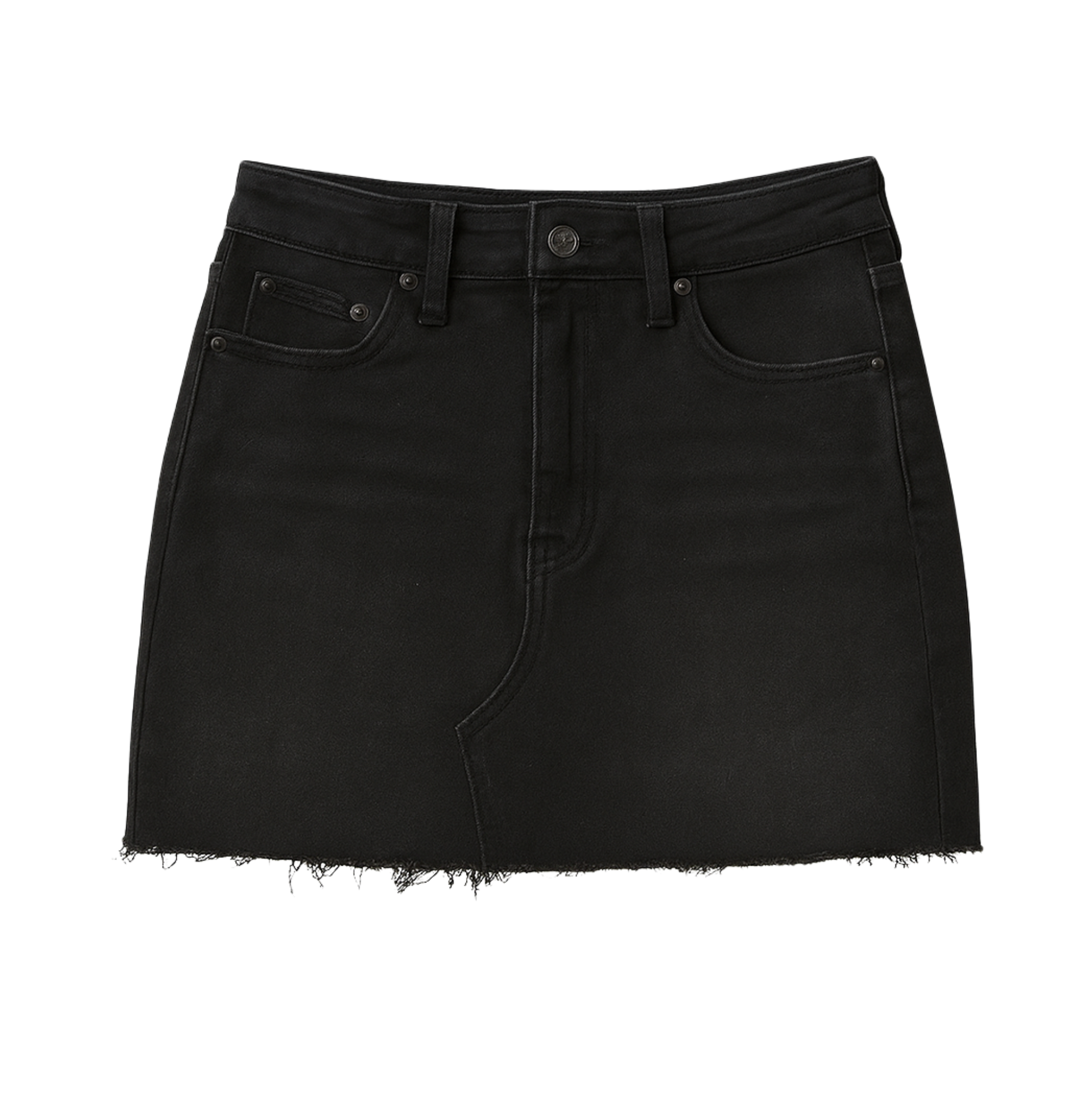 Black denim skirt with frayed hem, five-pocket design, and button closure.