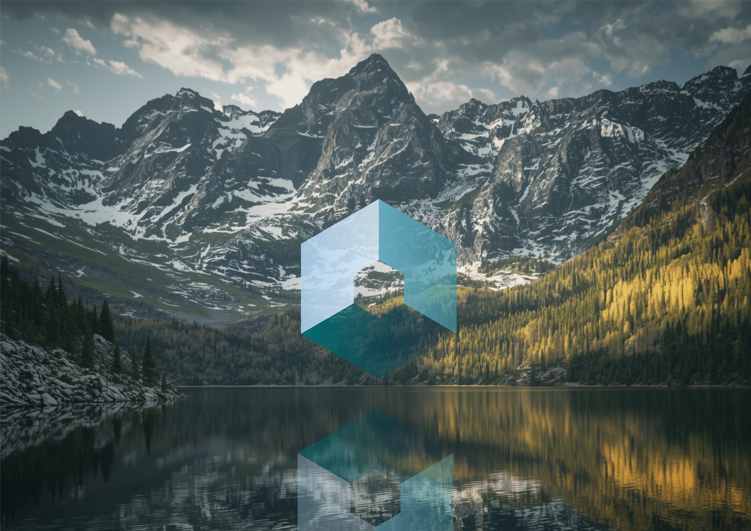 A mountain landscape with snow-capped peaks, green forests, and a serene lake with reflection, overlaid with a semi-transparent geometric logo.