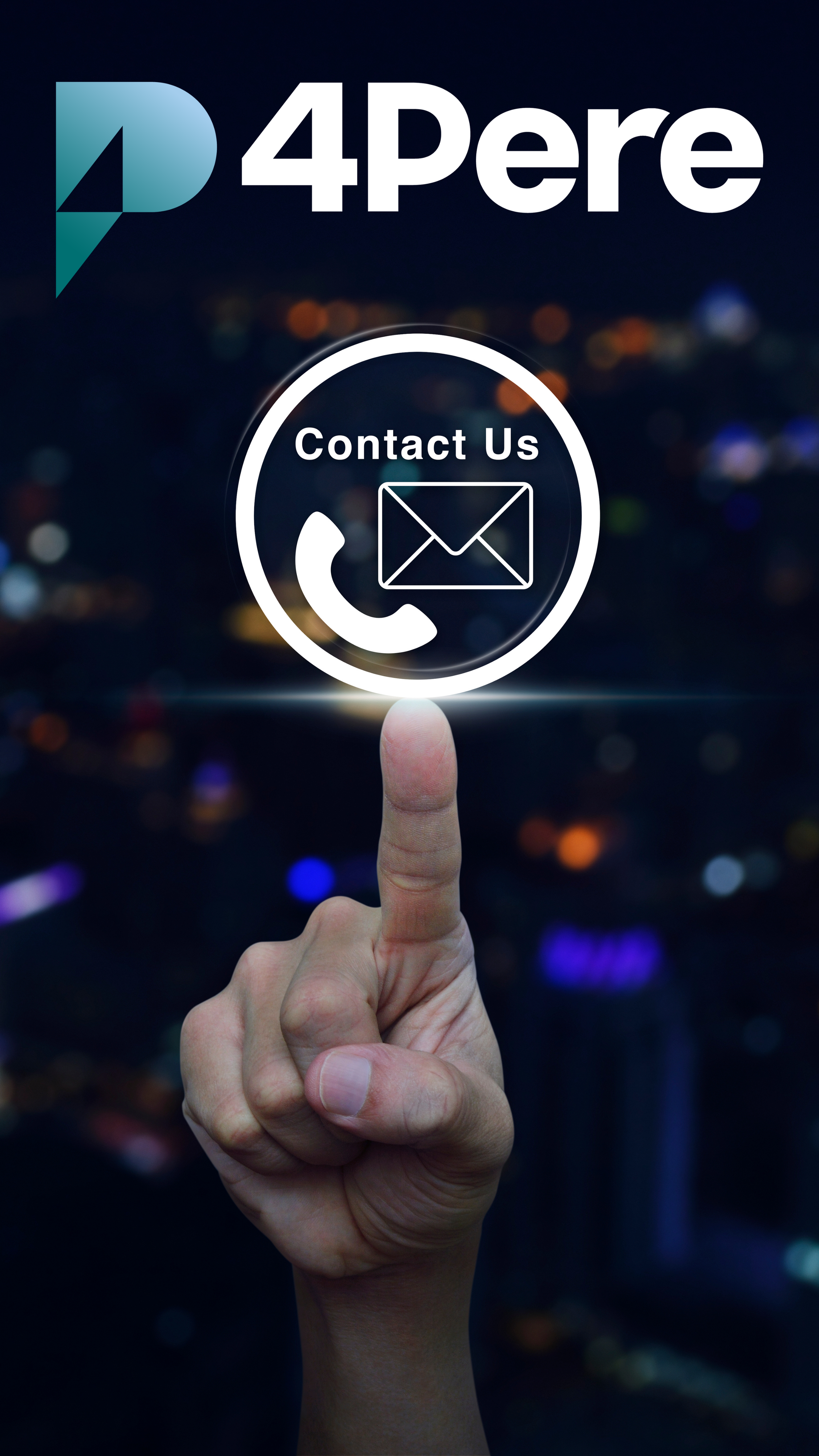 A hand is pointing upward with the index finger extended, touching a virtual contact icon that includes a phone and email symbol. The background features a cityscape with blurred lights, and the top left corner displays the logo and name '4Pere'.