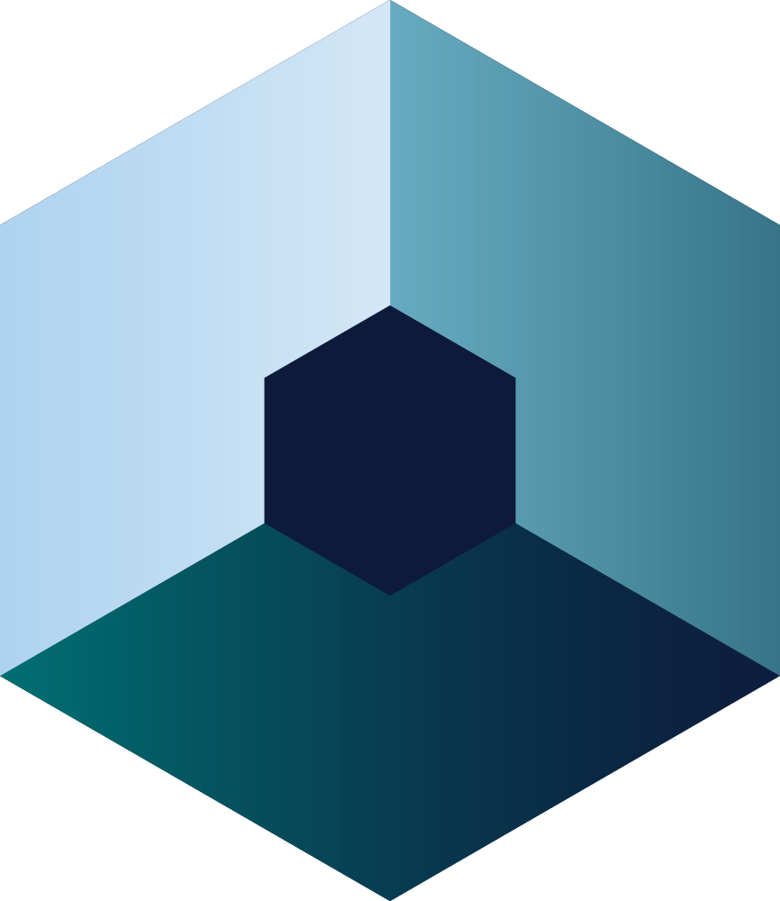 A 3D geometric illustration featuring a central black hexagon with surrounding shaded blue and teal triangular shapes forming an octagonal pattern.