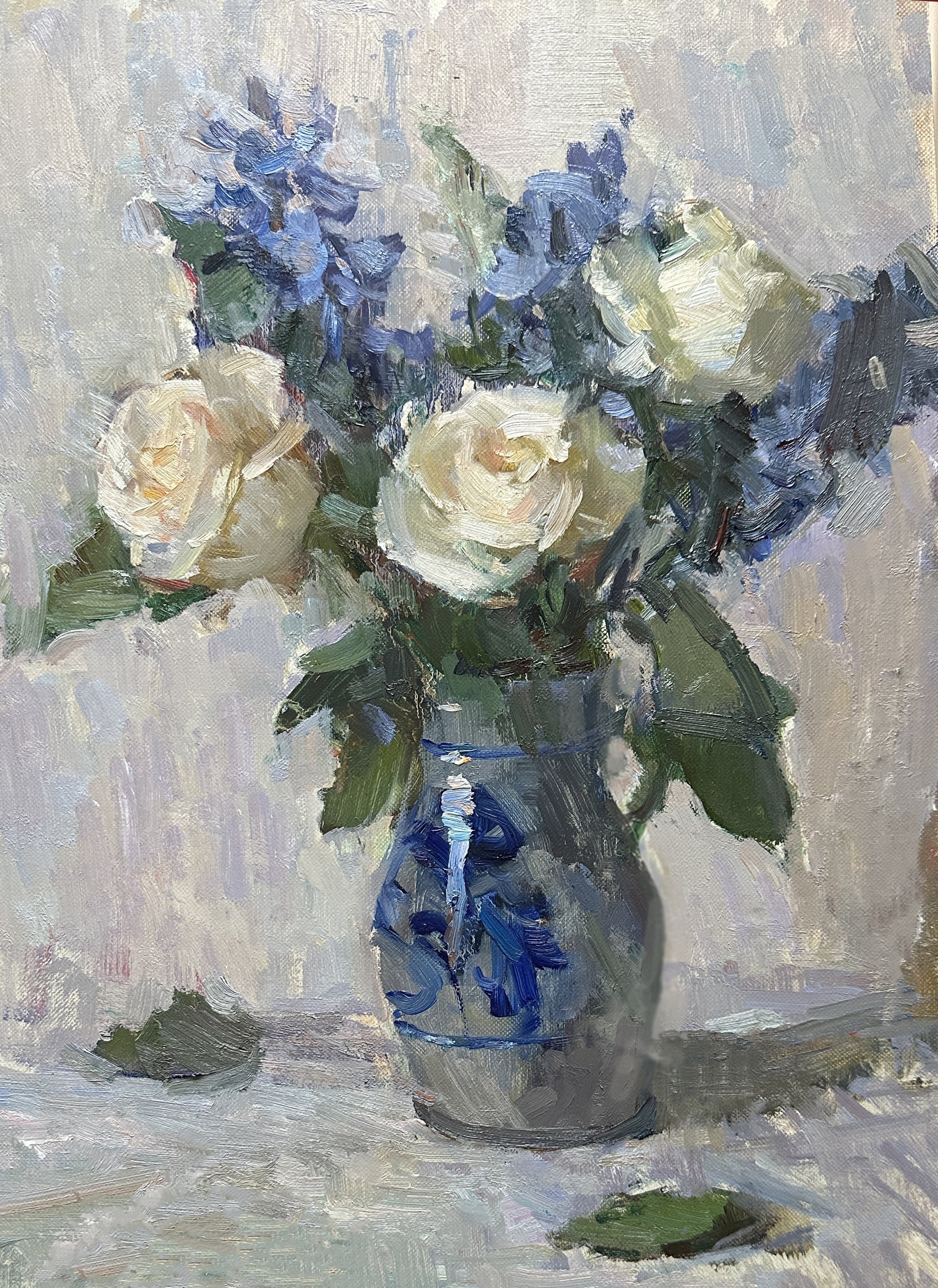 Impressionist painting of a bouquet of white and purple flowers in a blue and gray vase on a table with a neutral background.