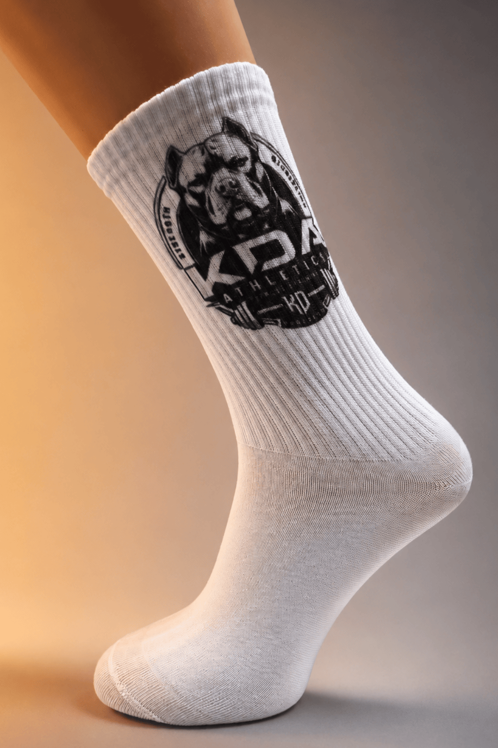 White sock with black KDA logo