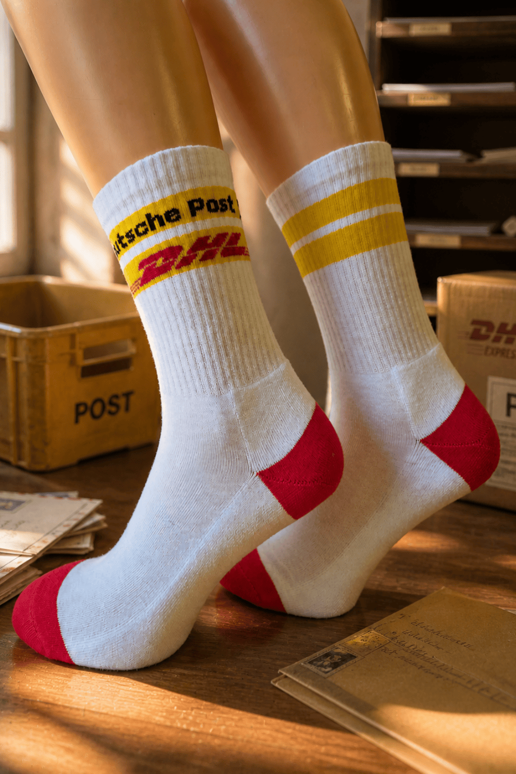 White socks with red heels and toes with DHL and Deutsche Post logos on yellow stripes