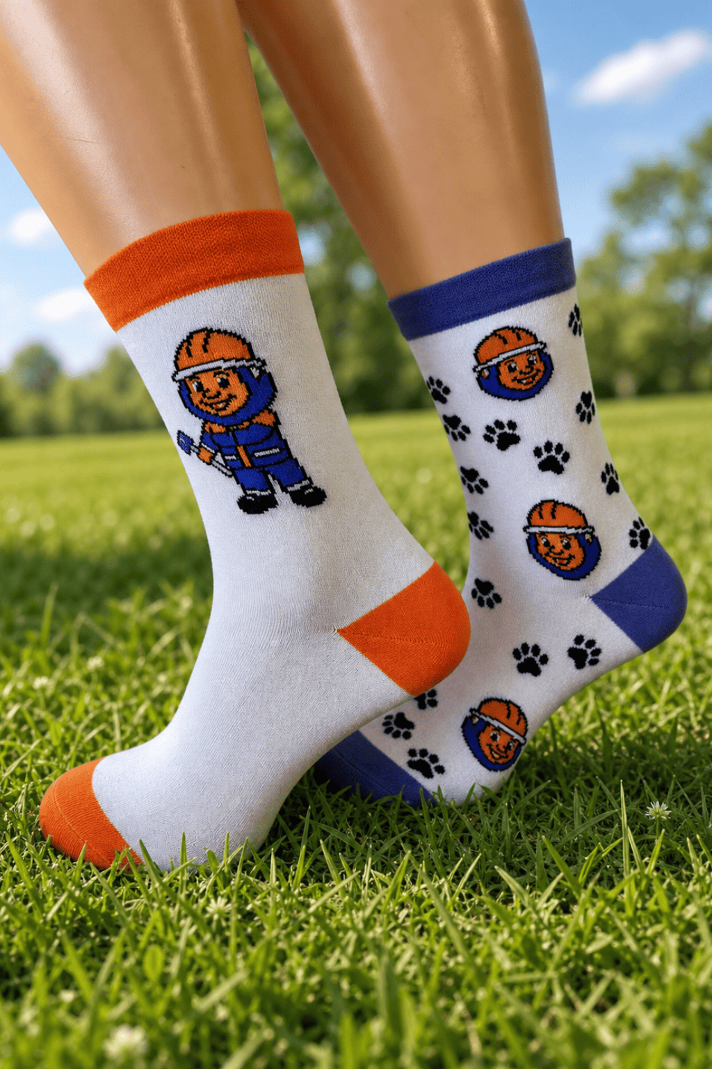 White socks with orange and blue heels, with an animated Lion pattern