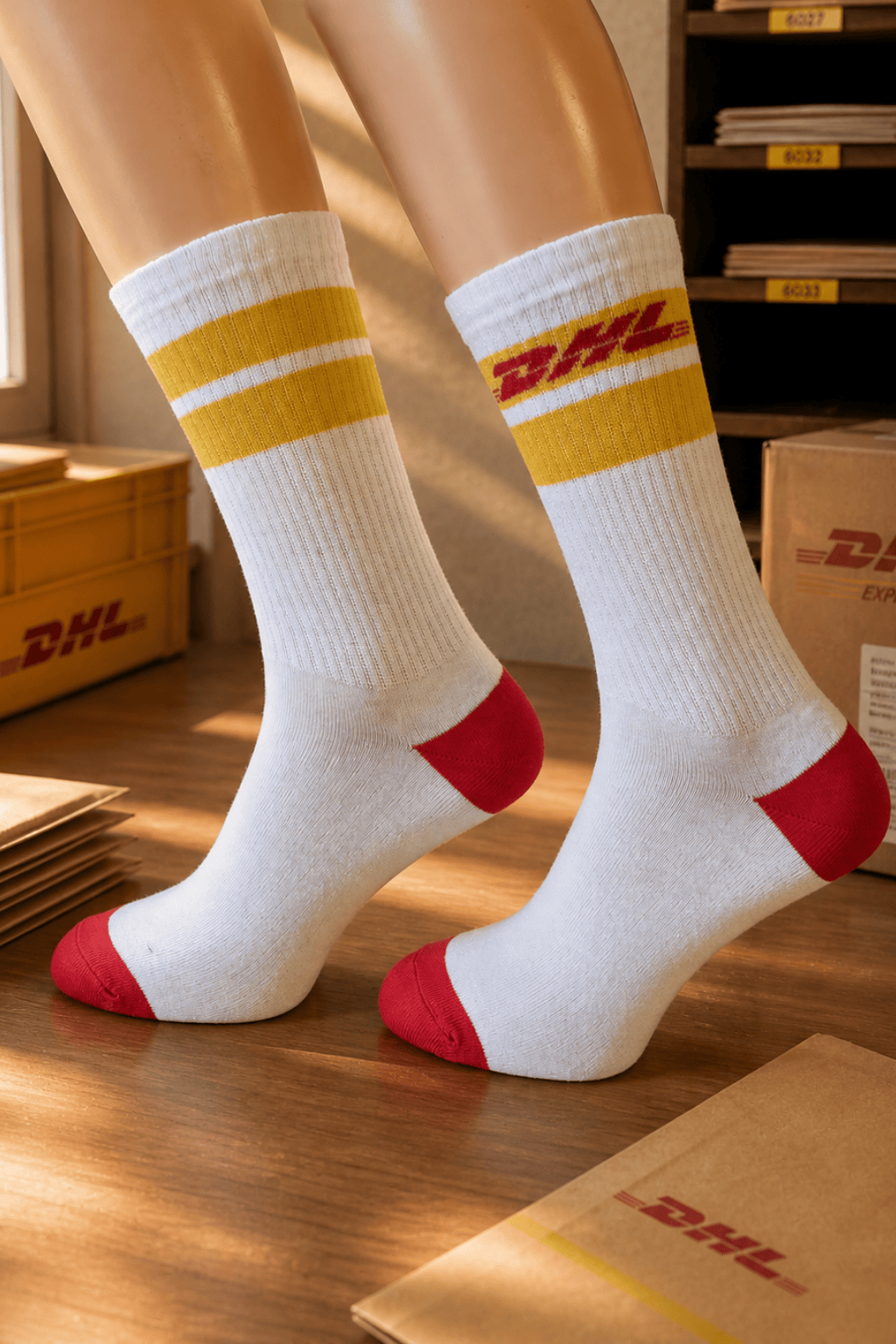 White socks with red heels and toes with DHL logos on yellow stripes