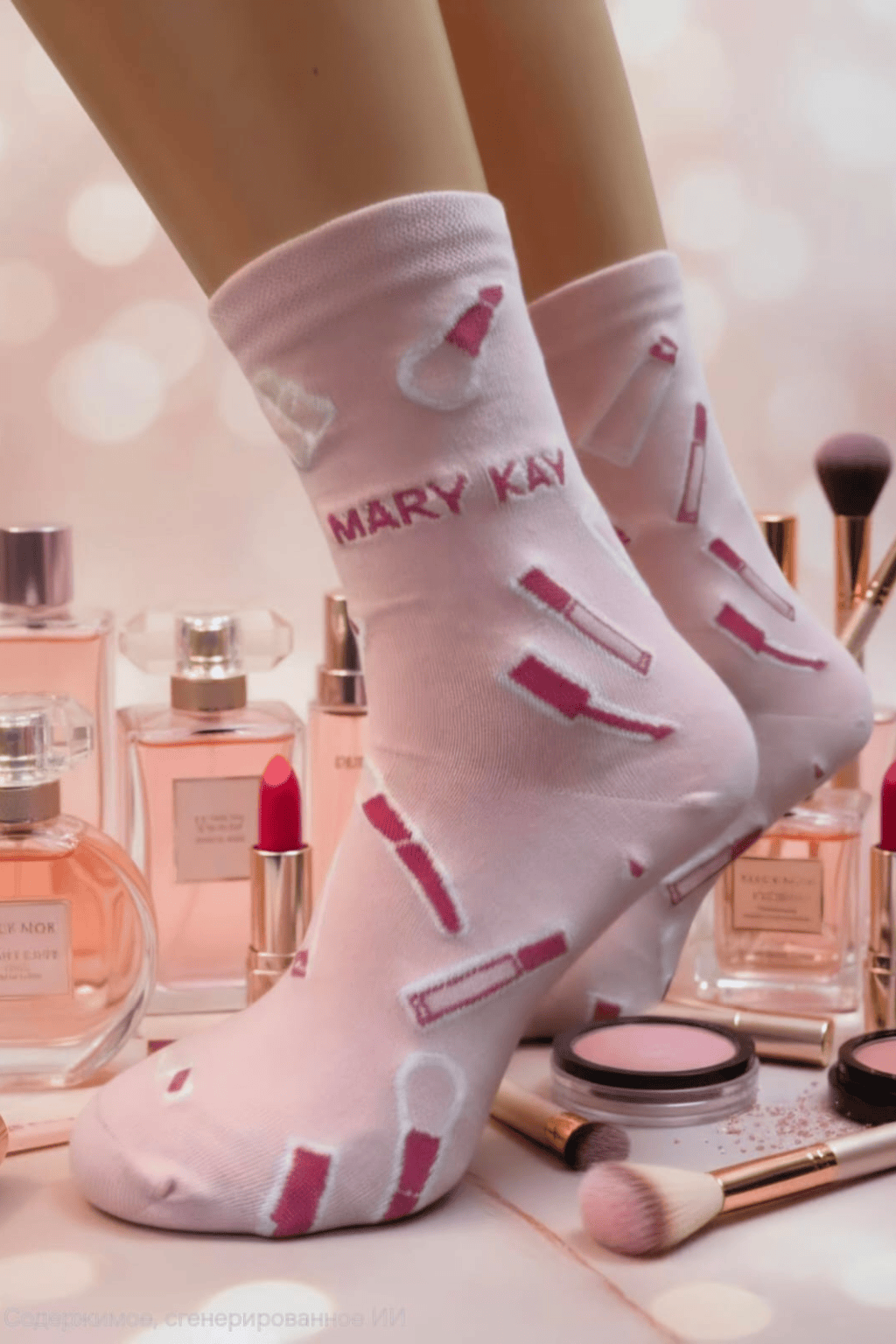 Pink socks with a make-up pattern and MARY KAY logo