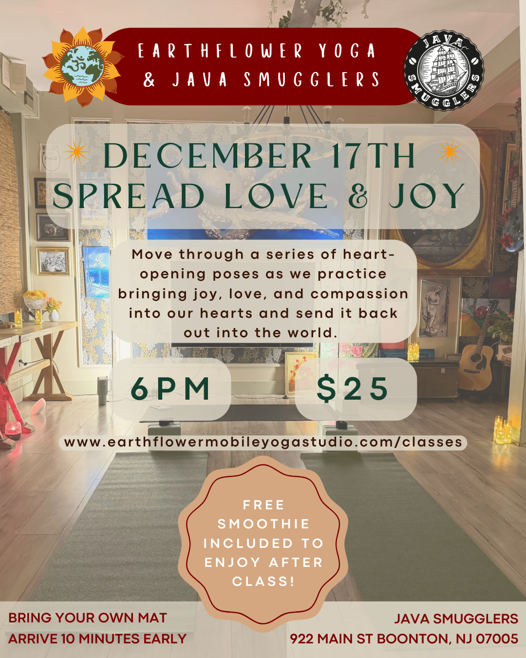 Single Class Purchase - 12/17 60 Min SPREAD LOVE & JOY Yoga Class w/ Lauren at Java Smugglers - 6pm