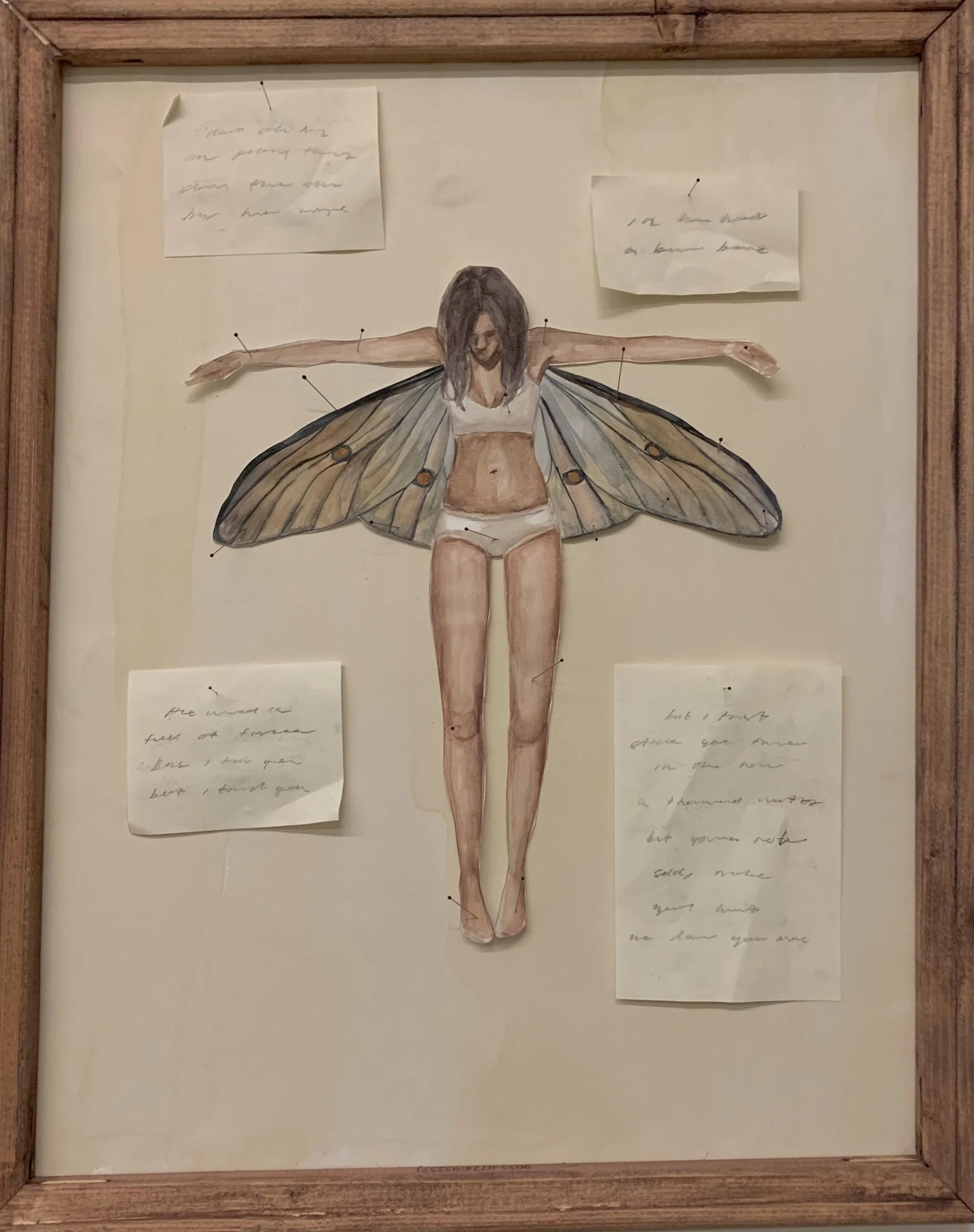 String the Sinner by its Wings I, 2025
watercolor, taxidermy pins, and collage on canvas
16 x 20 in.
