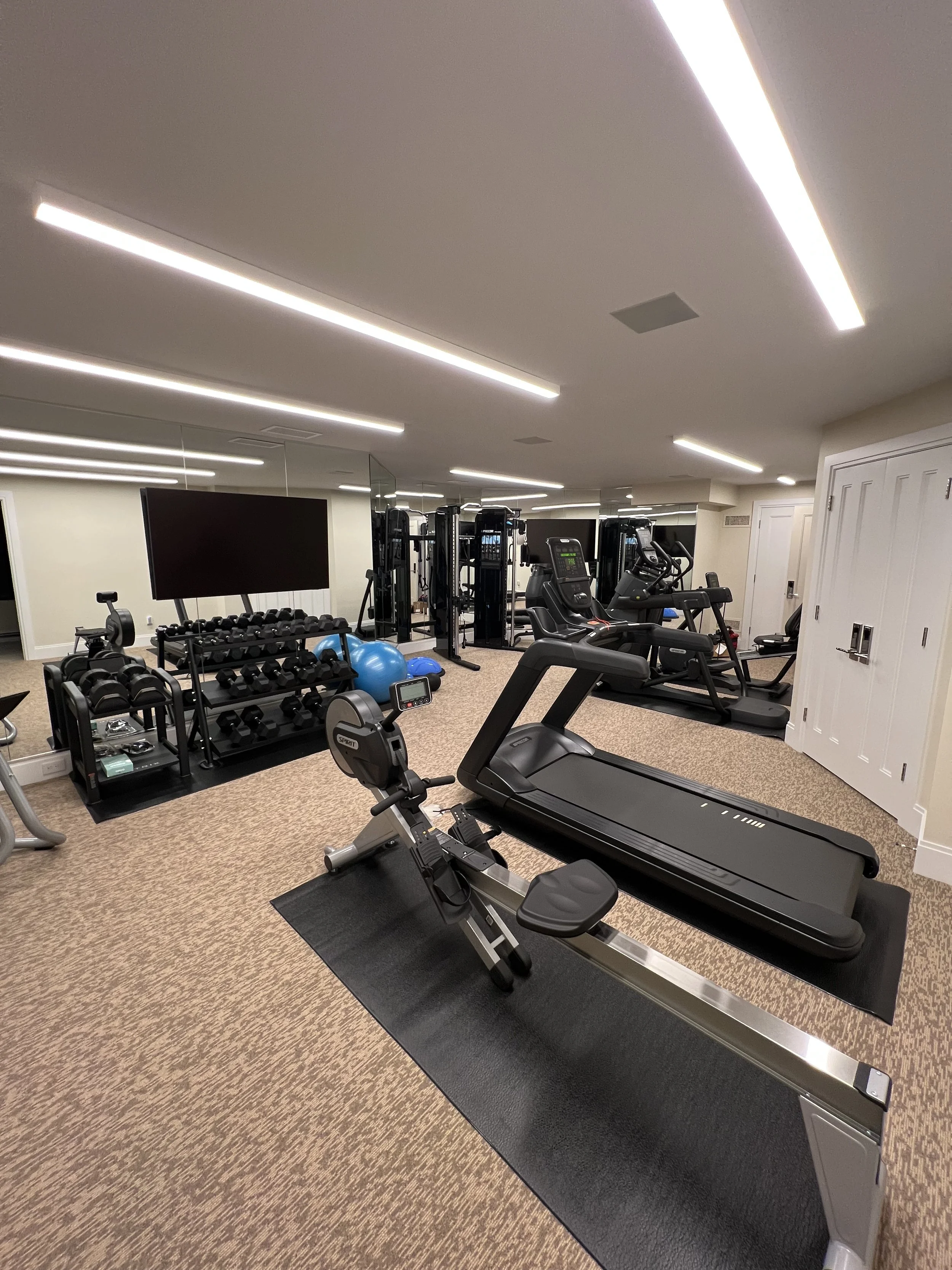 Modern indoor gym with treadmills, stationary bikes, free weights, and exercise balls, illuminated by long ceiling lights.