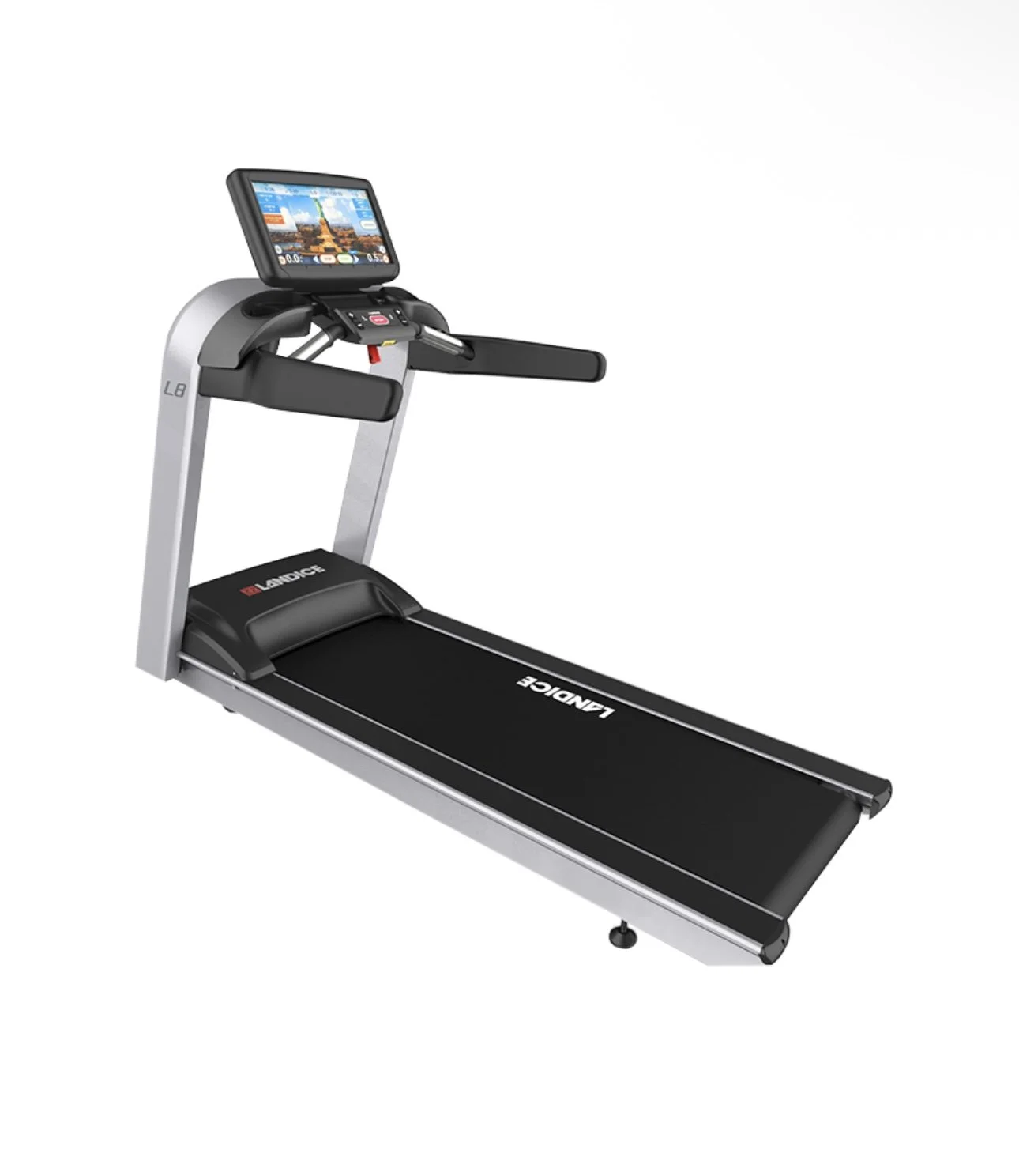 A modern treadmill with a digital screen and black running surface.