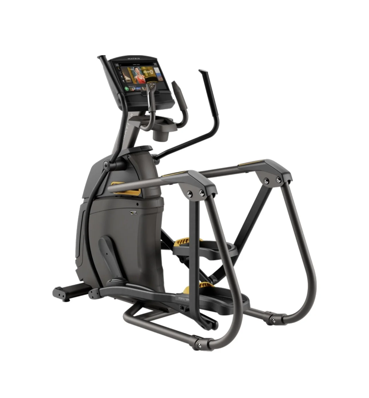 Modern elliptical exercise machine with digital display and heart rate sensors.