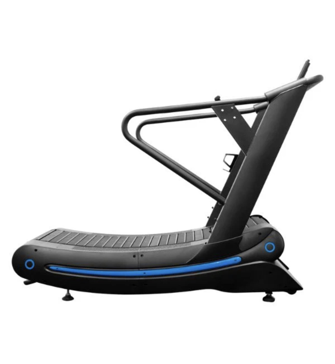 A black treadmill with blue accents and a curved running surface, designed for walking or running workouts.