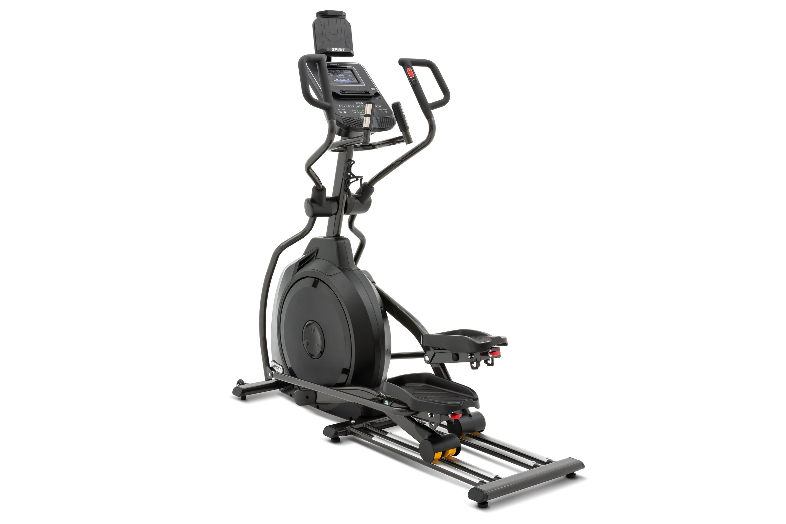 A black elliptical exercise bike with a digital display and handles, set against a white background.