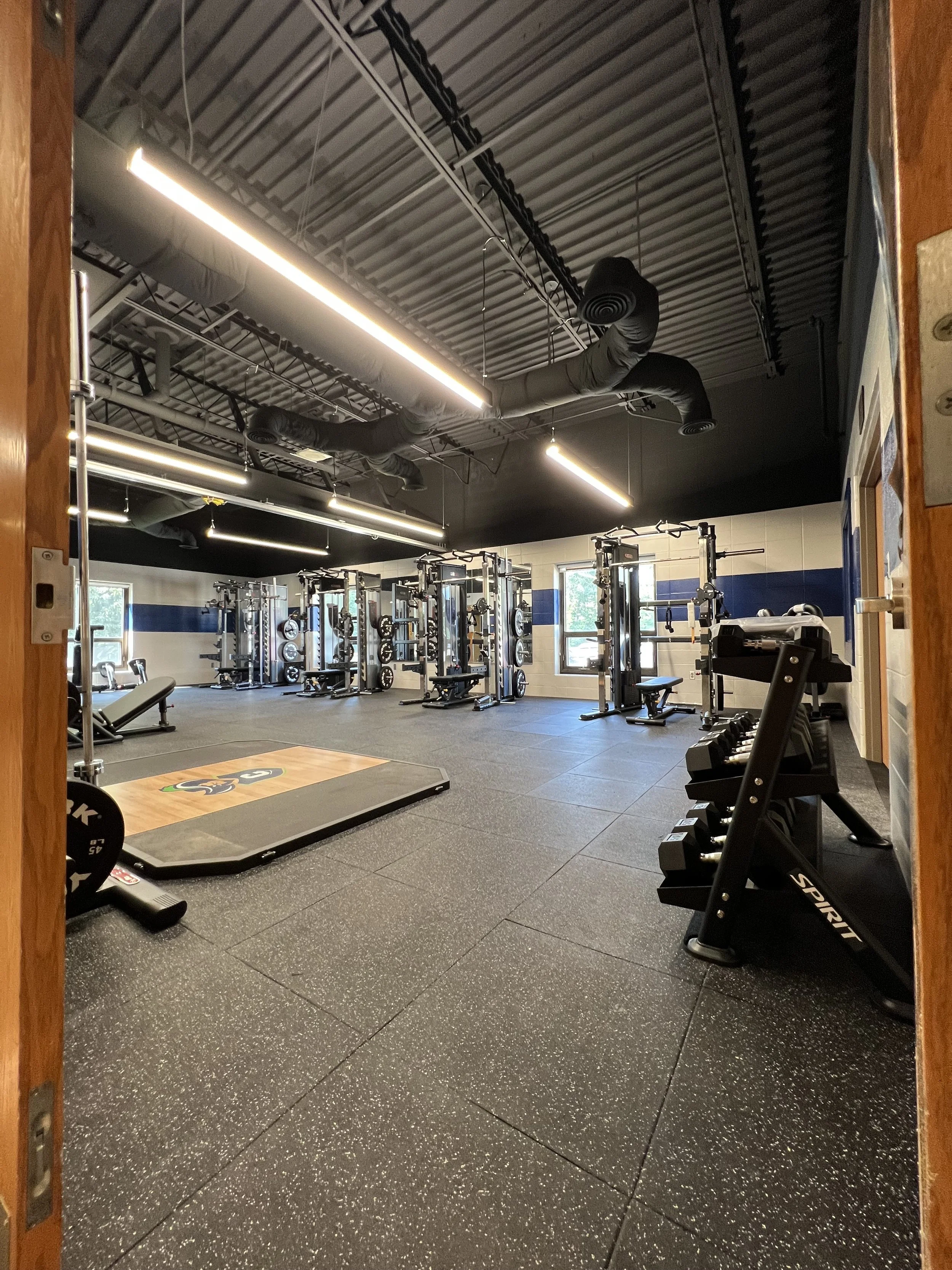 Interior of a modern gym with black rubber flooring, exercise equipment including weight machines, a squat rack, free weights, and a weightlifting platform, illuminated by long ceiling lights and natural light from windows.