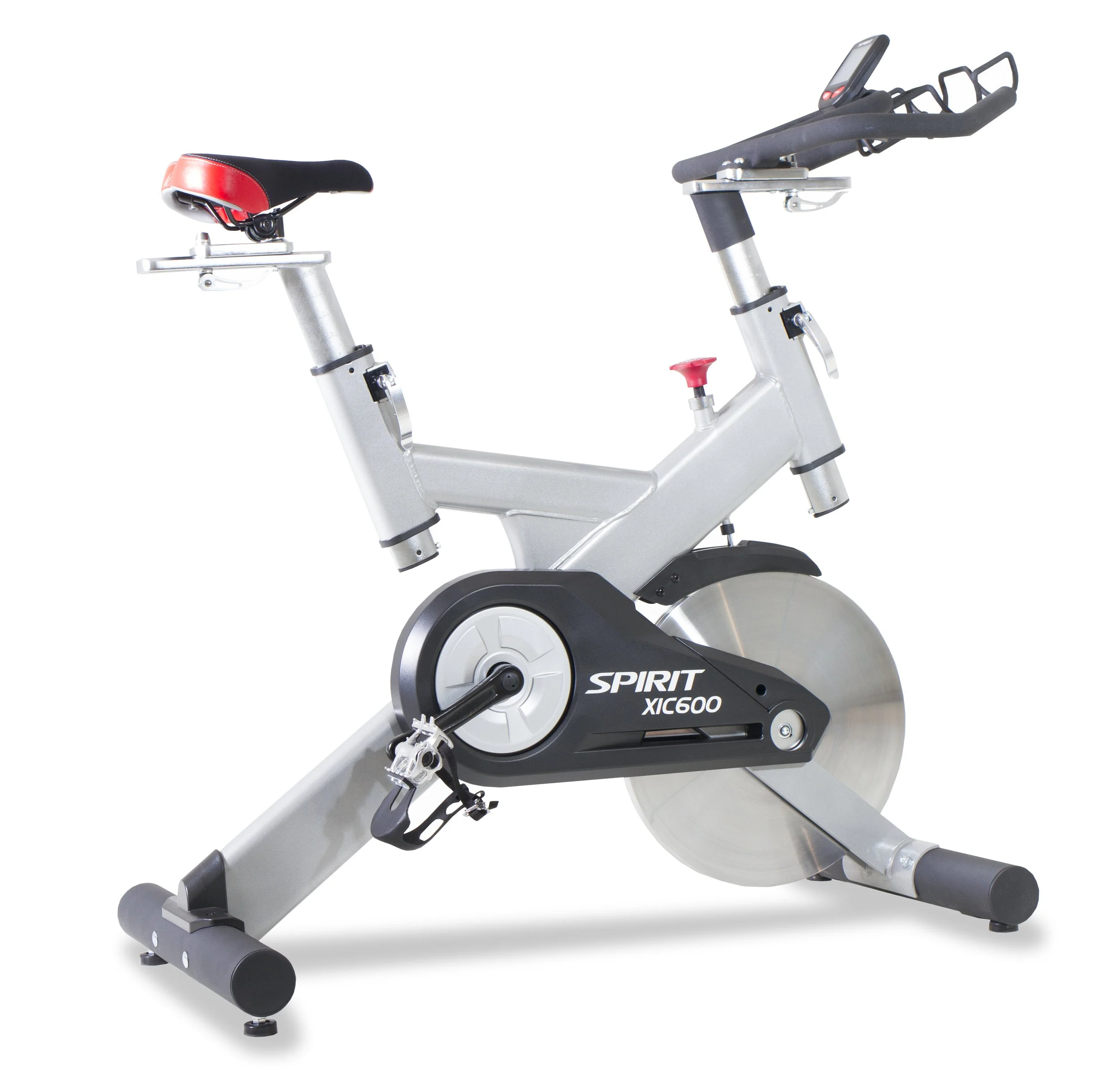 Indoor stationary exercise bike with black, red, and silver design labeled 'Spirit XIC600'