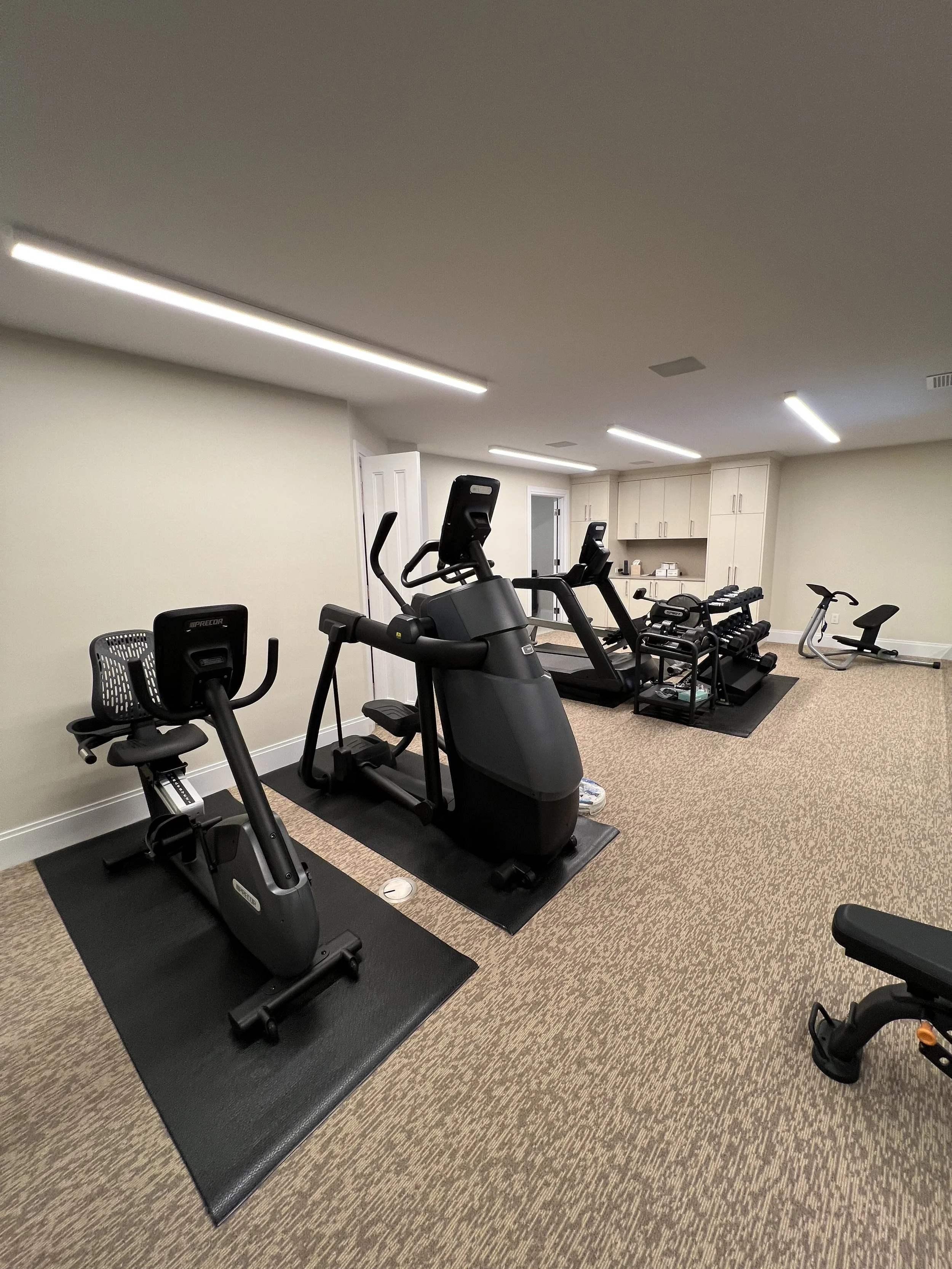 Gym room with treadmill, stationary bike, and weight lifting equipment along the back wall, with beige walls, ceiling lights, and carpeted floor.