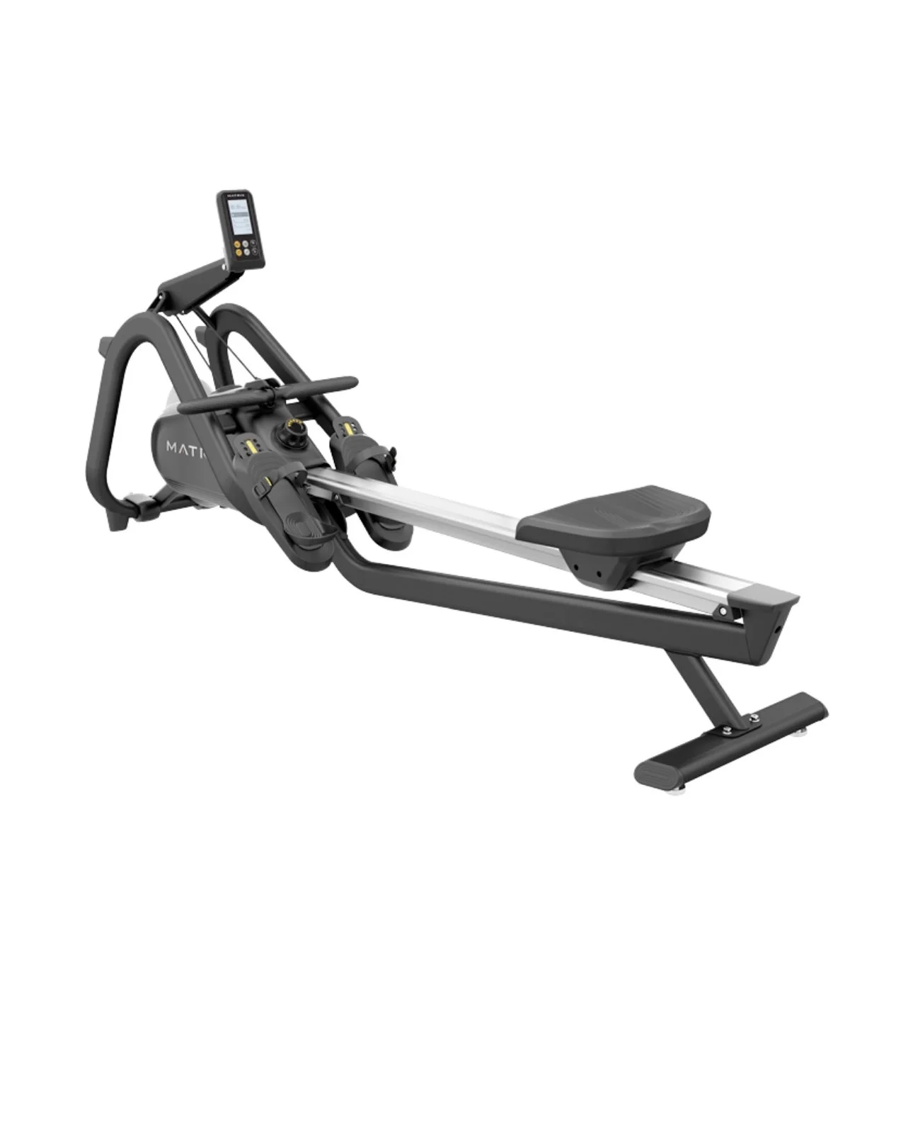 A modern rowing machine with digital display and adjustable seat.