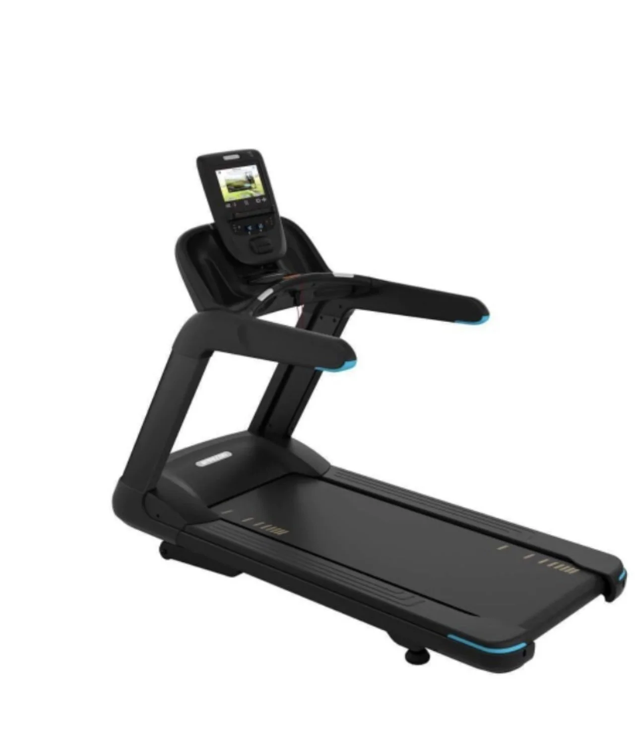 A black treadmill with a digital display and a control panel.