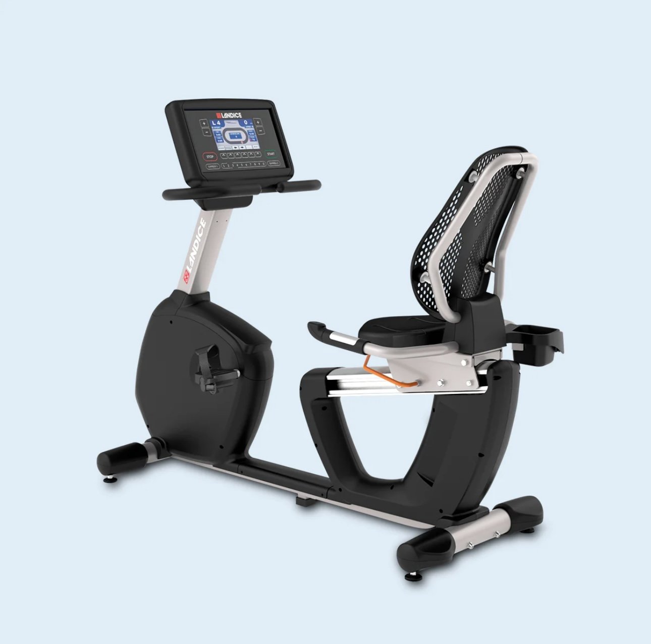 A modern recumbent exercise bike with a digital display screen and adjustable seat against a light blue background.
