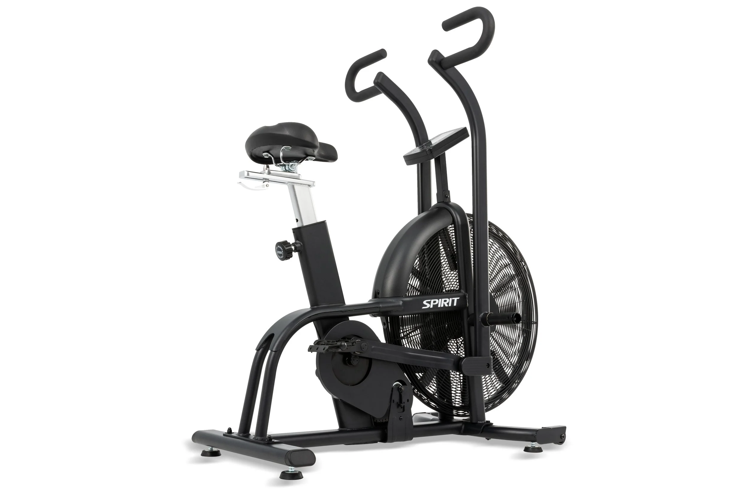 Black exercise bike with fan feature and the word 'SPIRIT' on the frame.