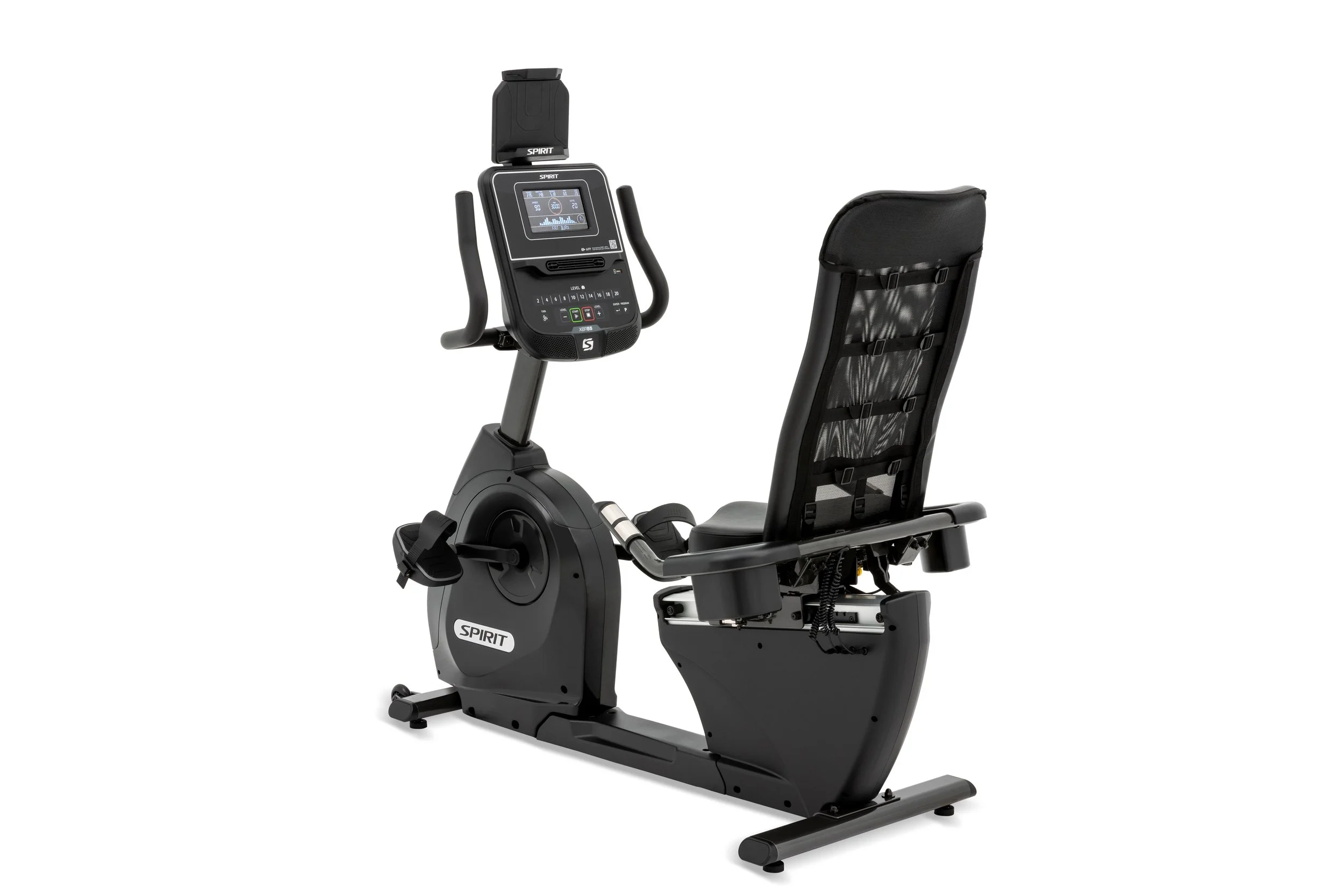 Black recumbent exercise bike with digital display and adjustable seat against a white background.