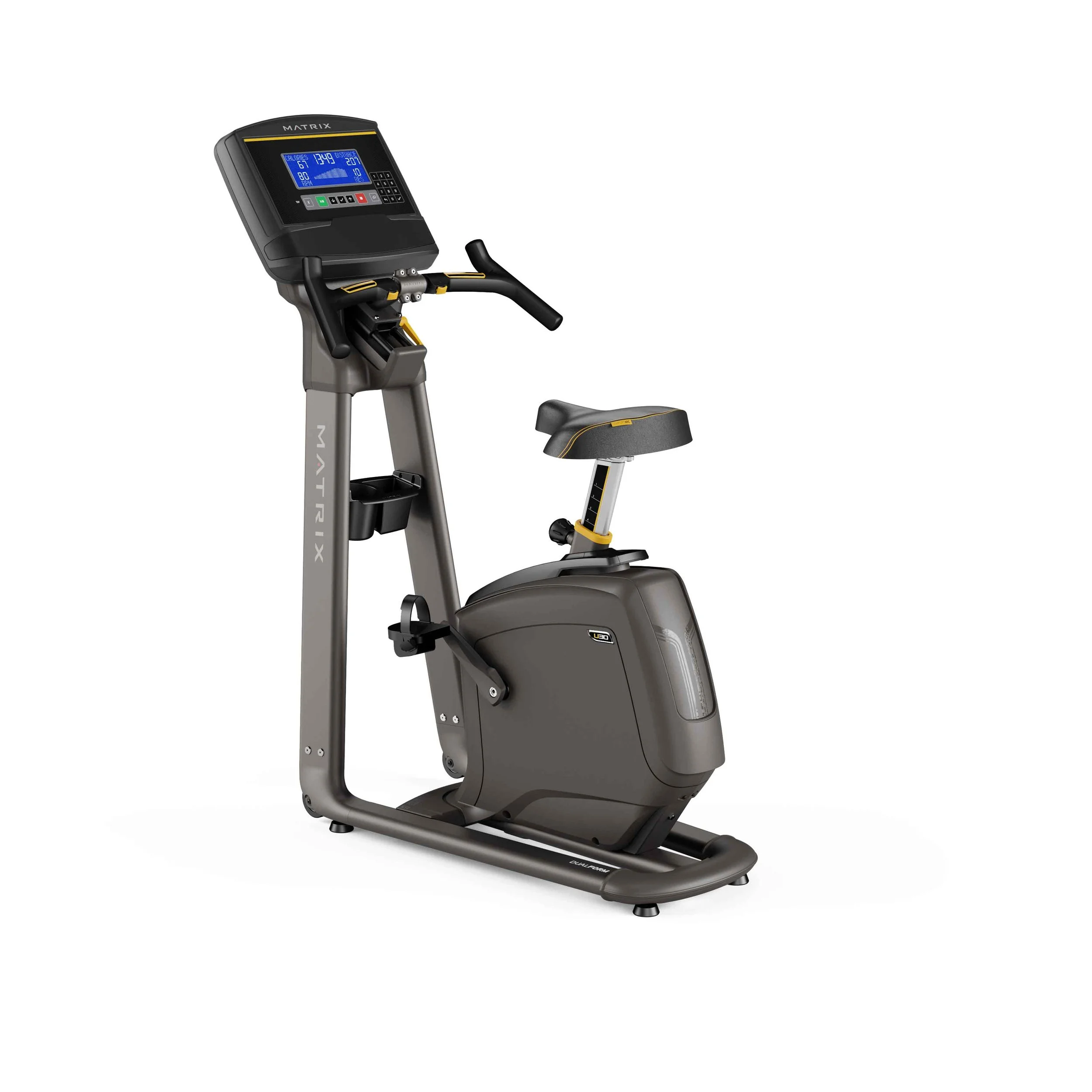 A modern upright exercise bike with a digital display and adjustable seat.