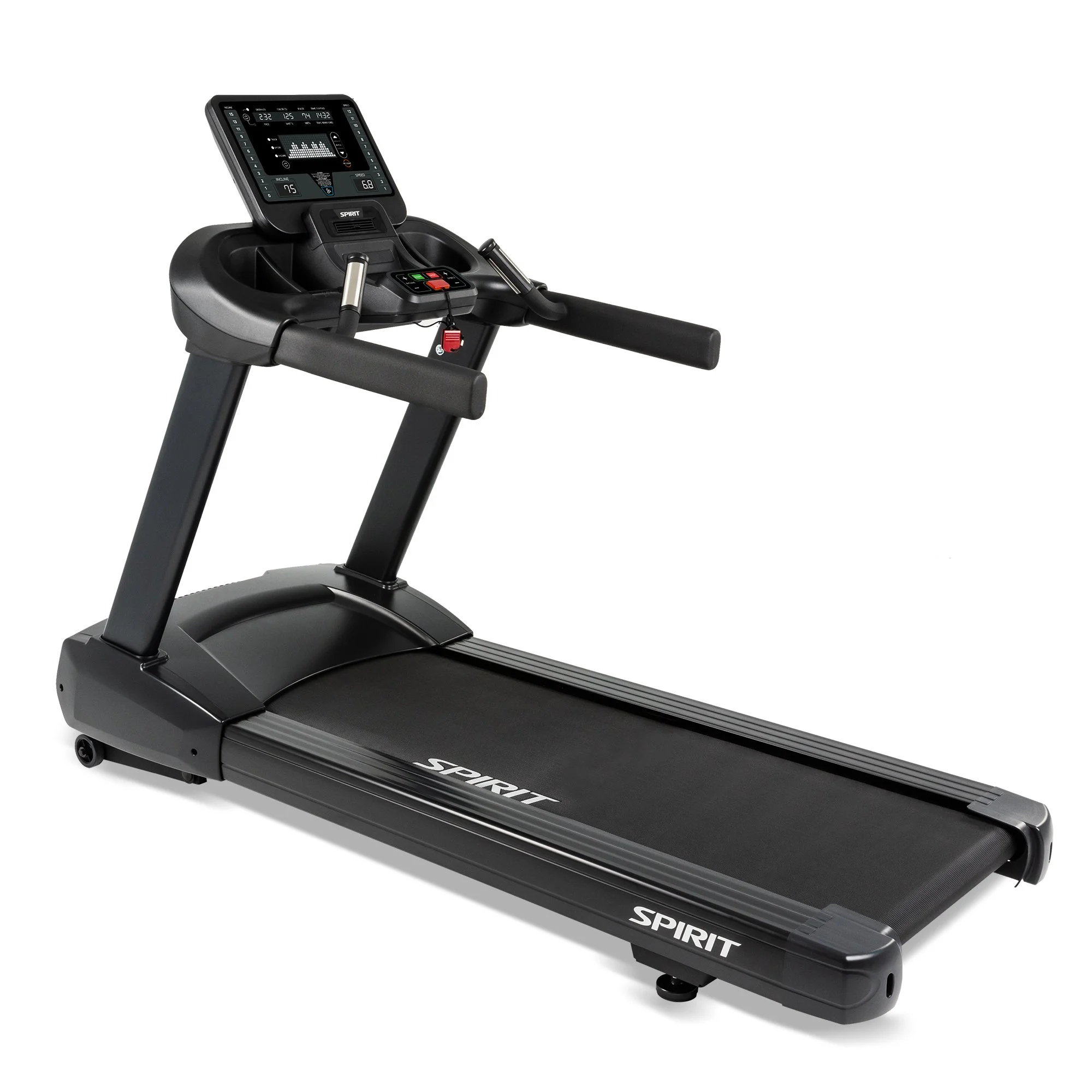 Black treadmill with digital display and control buttons