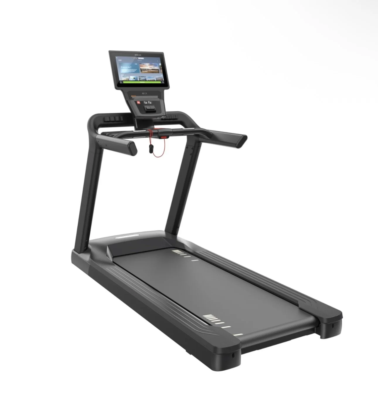 A black treadmill with a digital display screen and red safety clip.