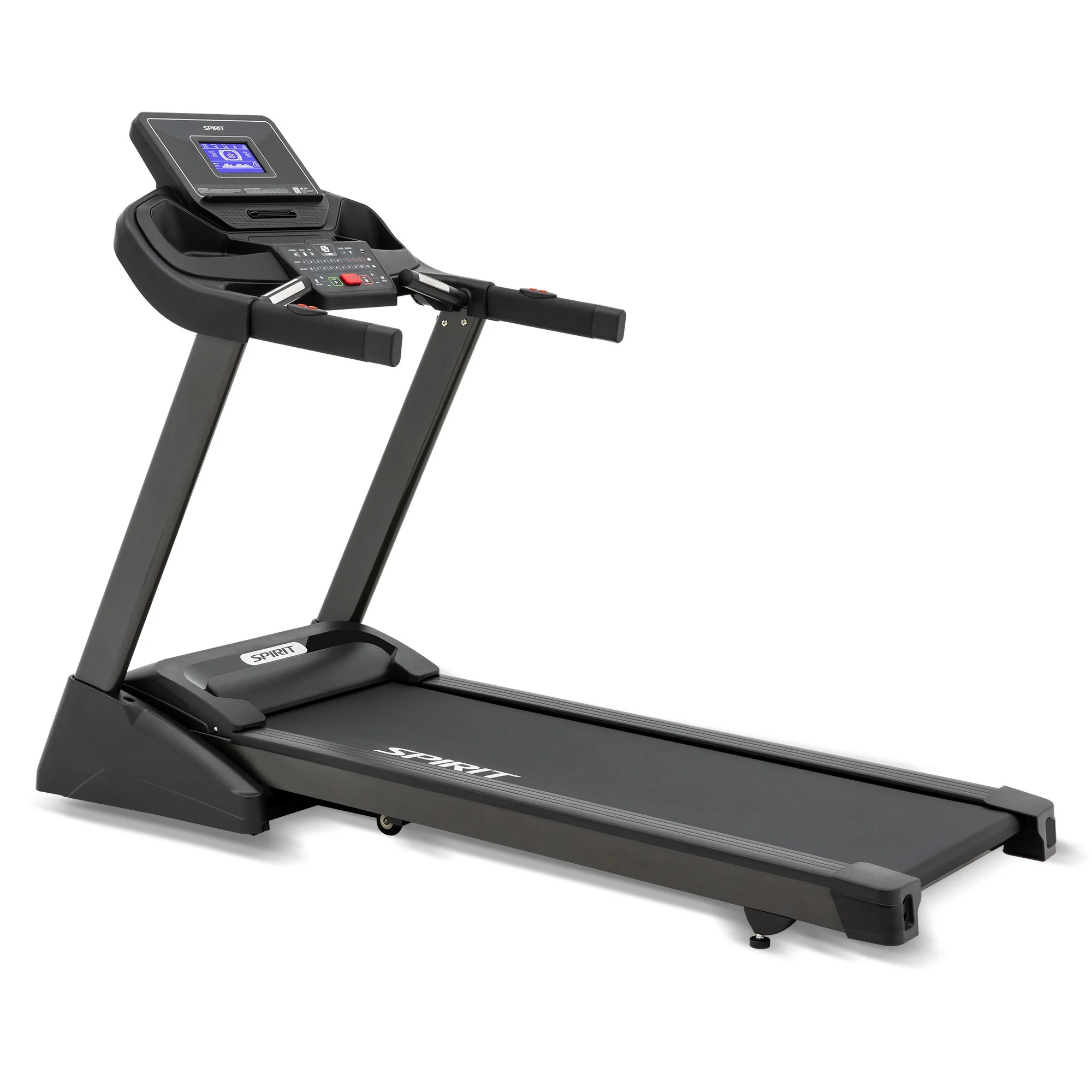 A black treadmill with digital display and control panel.