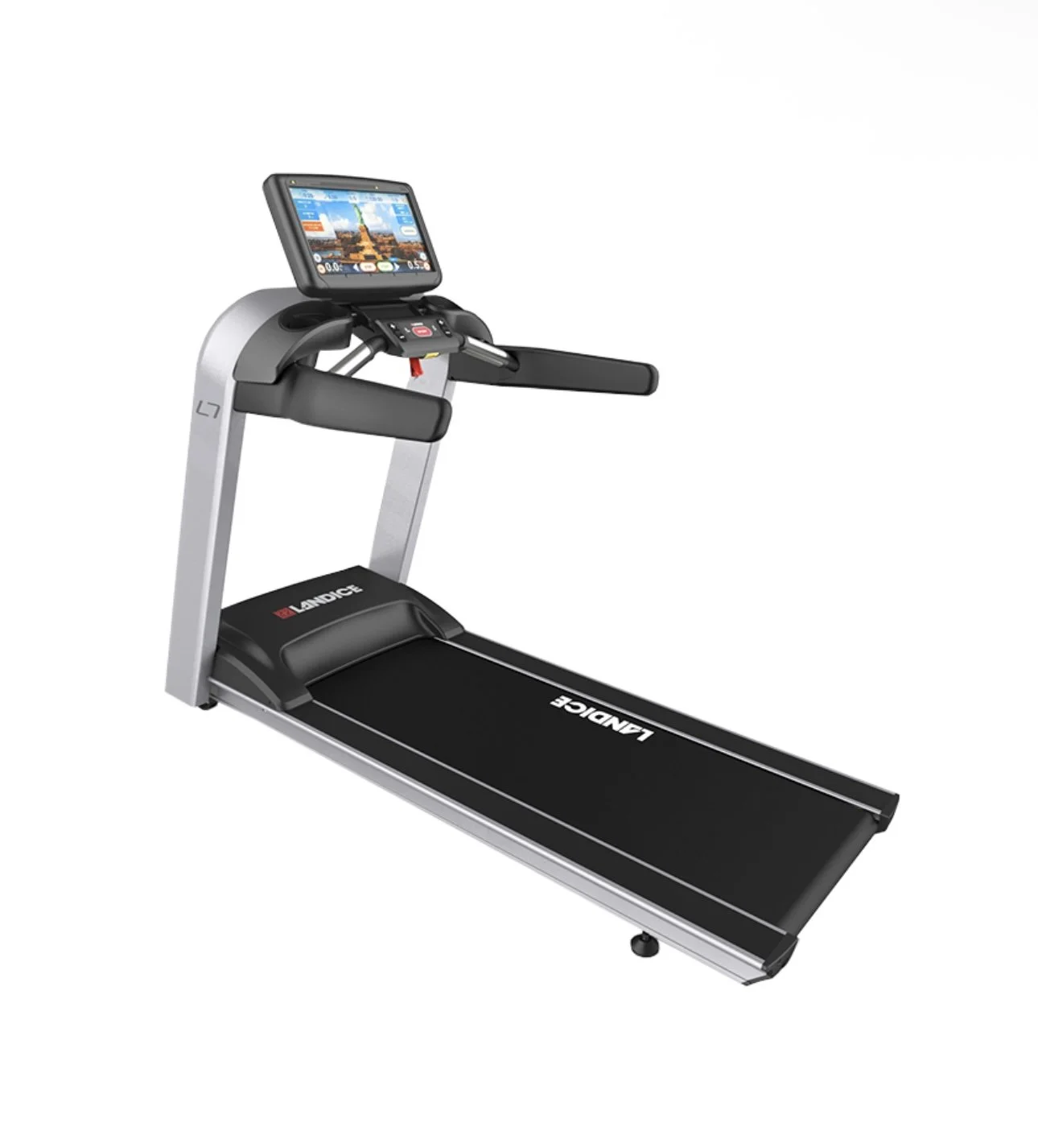 A modern treadmill with a built-in digital display and control panel for workouts.