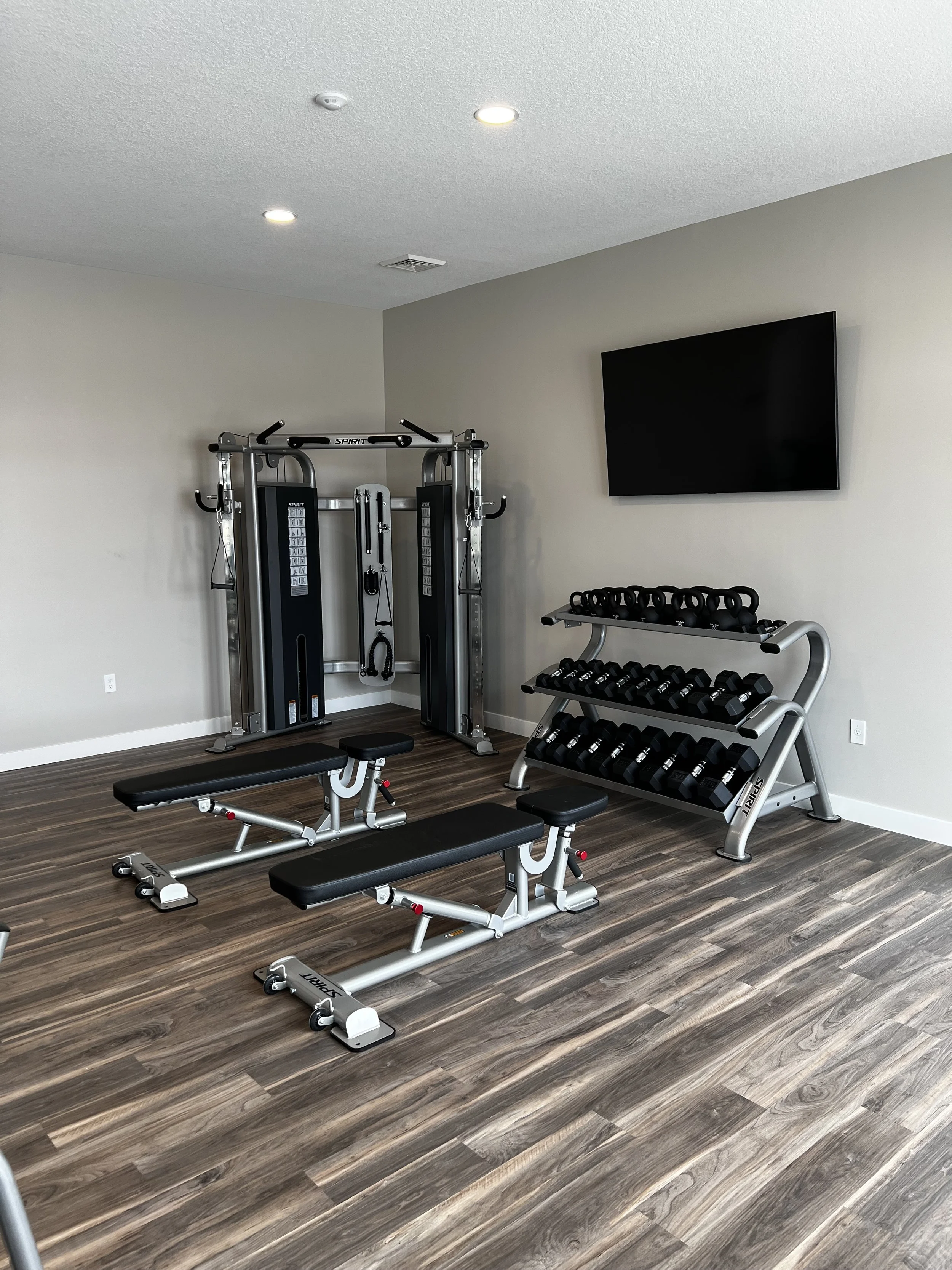 Home gym with a weight machine, two adjustable workout benches, and a rack of dumbbells, with a TV mounted on the wall.