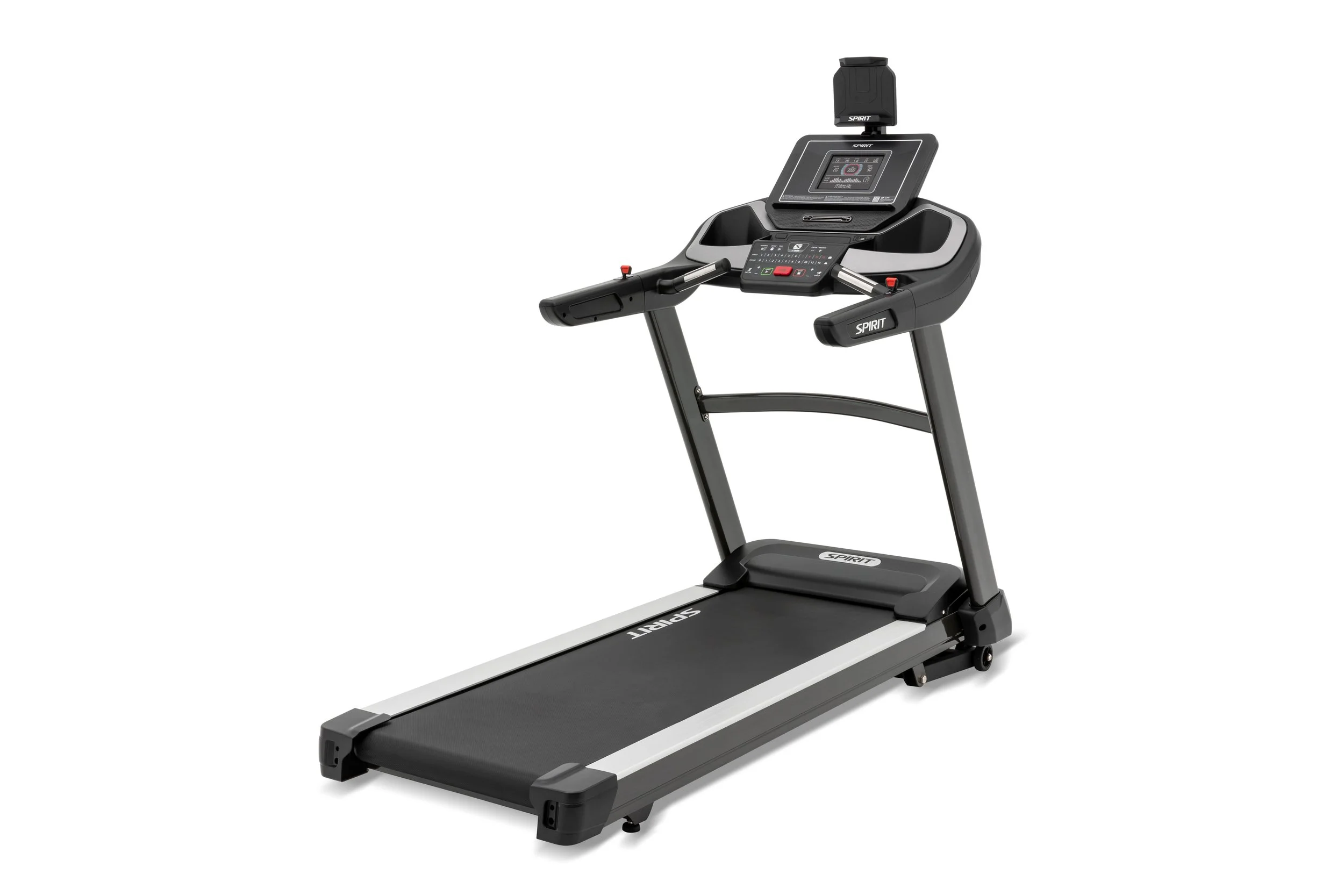 A black and gray treadmill with digital display and control panel, designed for indoor exercise.