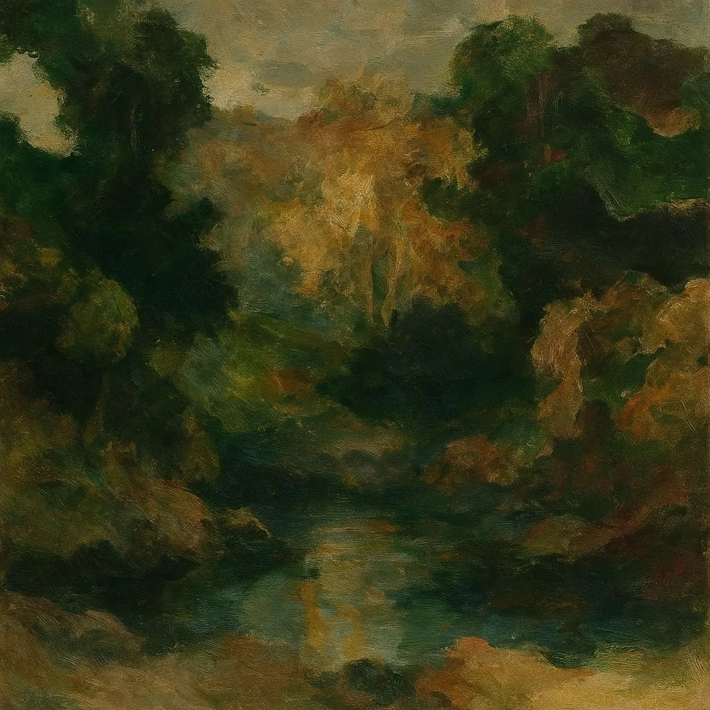 Impressionist painting of a lush green landscape with trees and a body of water, possibly a river or pond, under a cloudy sky.