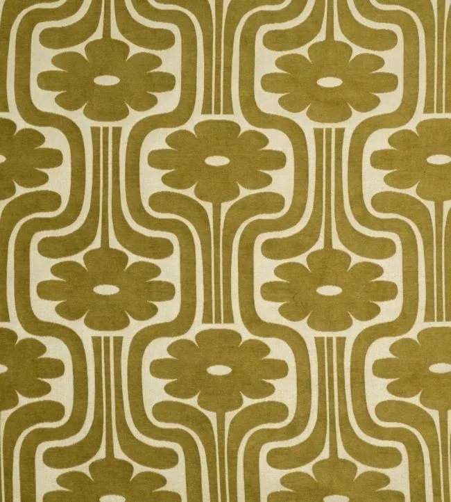 Pattern featuring large, stylized flowers with little petals in a grid layout, in mustard yellow and cream colors.