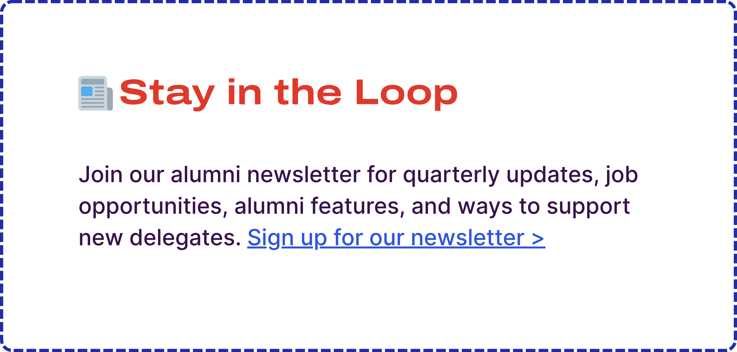 “Stay in the Loop.” Text encourages alumni to sign up for ISC’s newsletter for updates, opportunities, and alumni features, with a link titled “Sign up for our newsletter.”