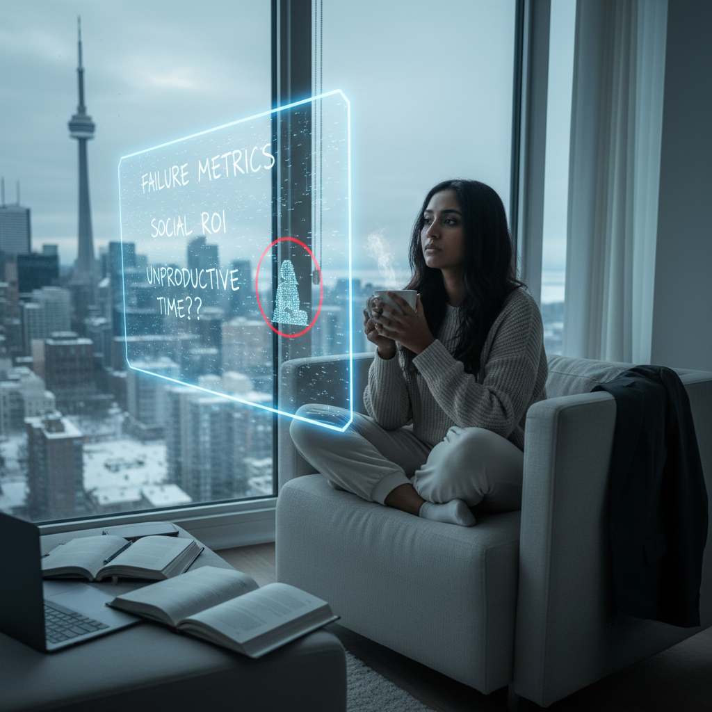Woman in Toronto office reflecting on her inner critic; mental health support for professionals in Ontario.